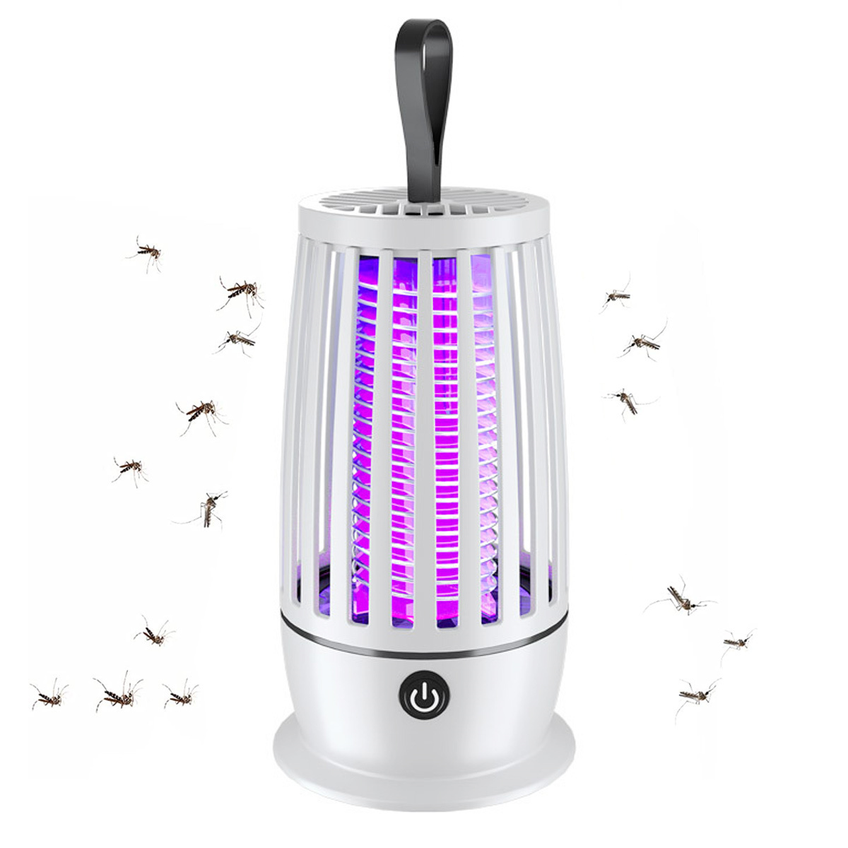 Weiße Mückenvernichterlampe mit Mücken drumherum.