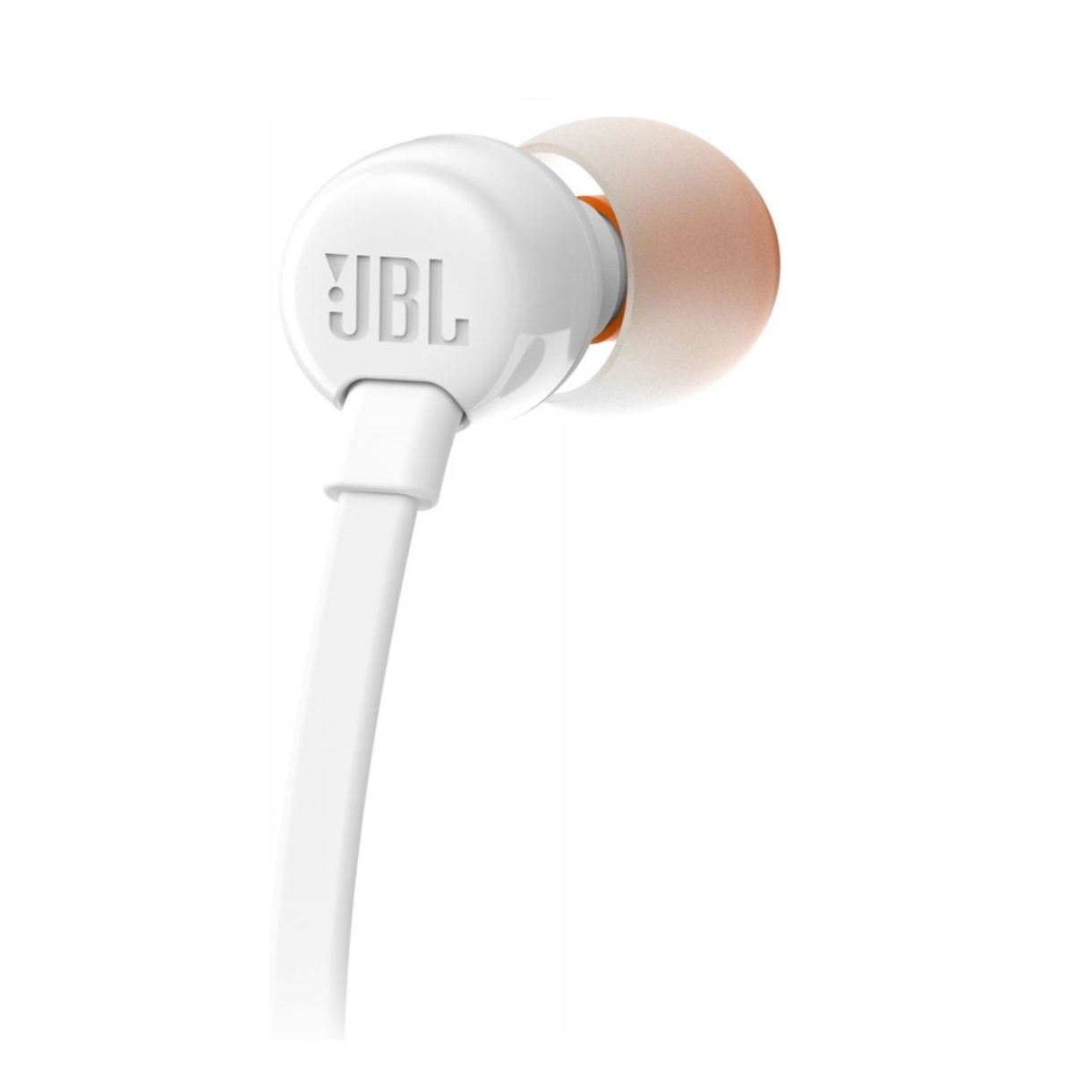 Ein weißer JBL-Ohrhörer mit einem orangefarbenen Ohrstöpsel. Er ist mit einem weißen Kabel verbunden.