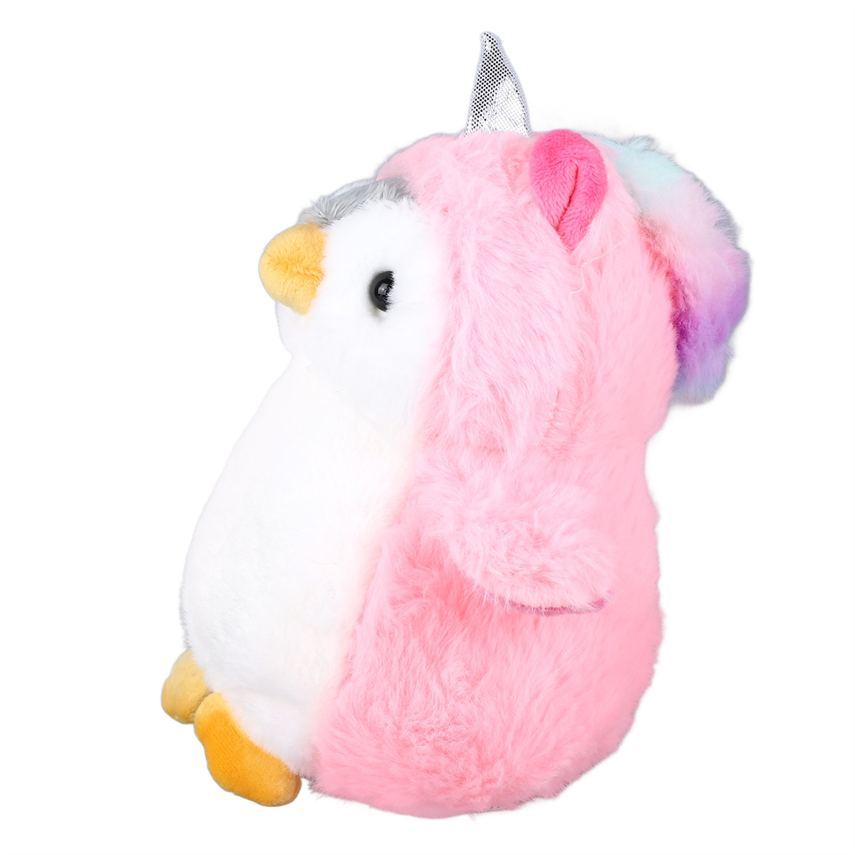 Ein pinker und weißer Pinguin mit Einhornkostüm. Es hat ein silbernes Horn und Regenbogenhaar.
