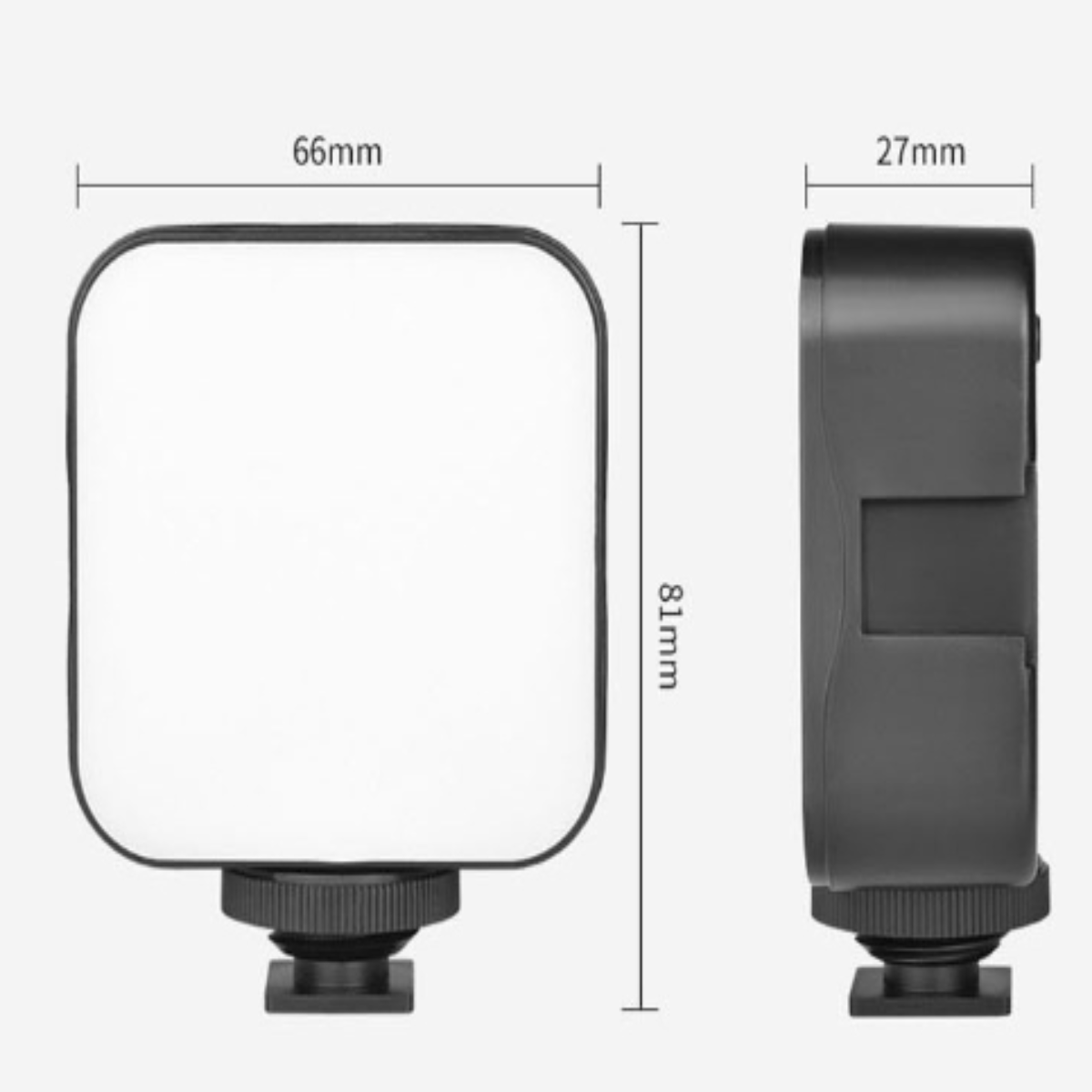 Quadratisches LED-Licht für Video mit den Maßen: 66mm x 81mm x 27mm und Montagebasis.