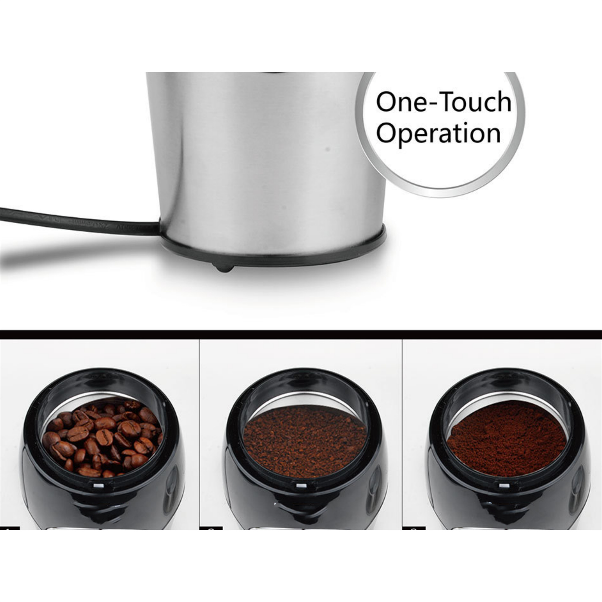 Details der Kaffeemühle. Es hat Bohnen, gemahlenen Kaffee in den Behältern.