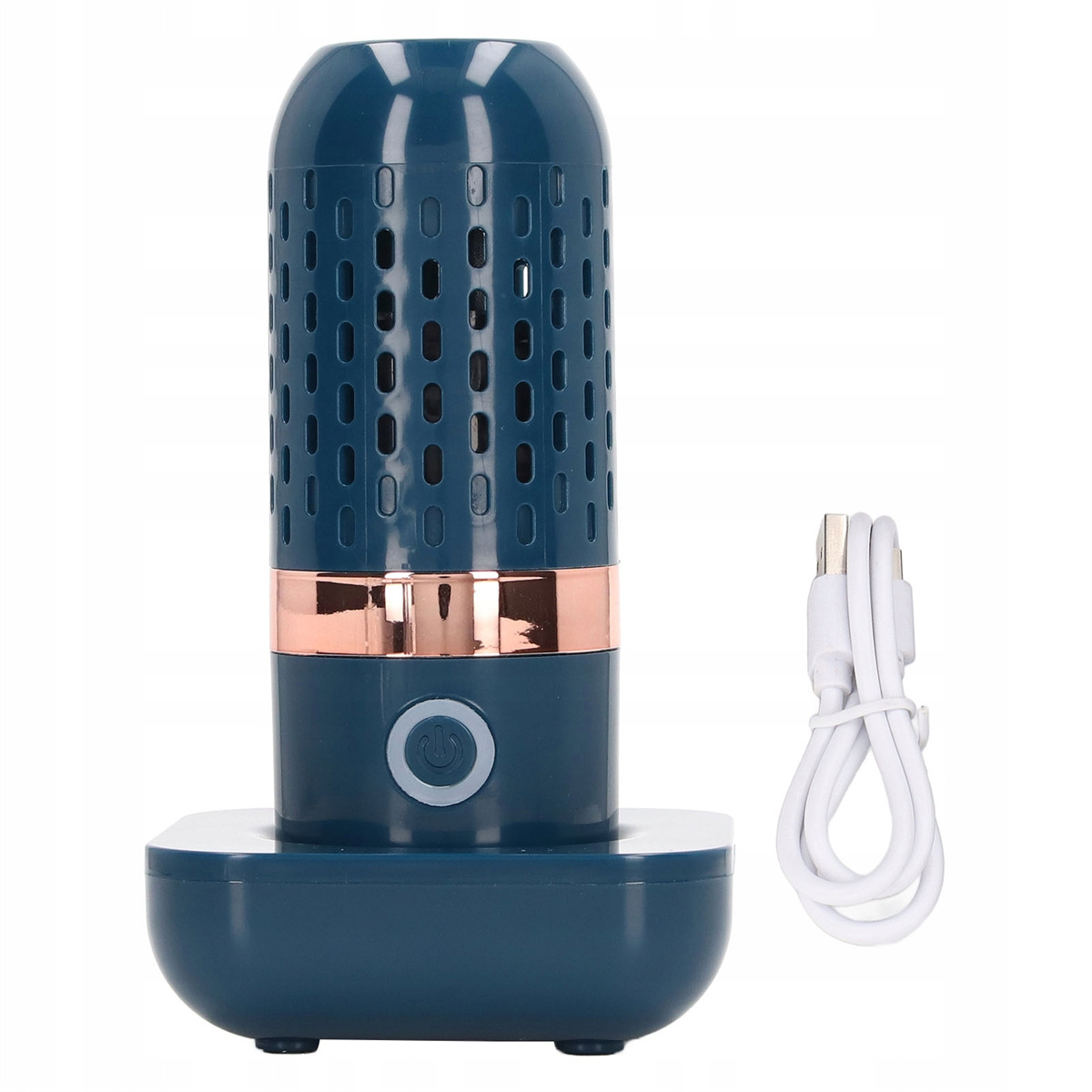Ein teal- und kupferfarbener Gemüsereiniger mit einem weißen Ladekabel.