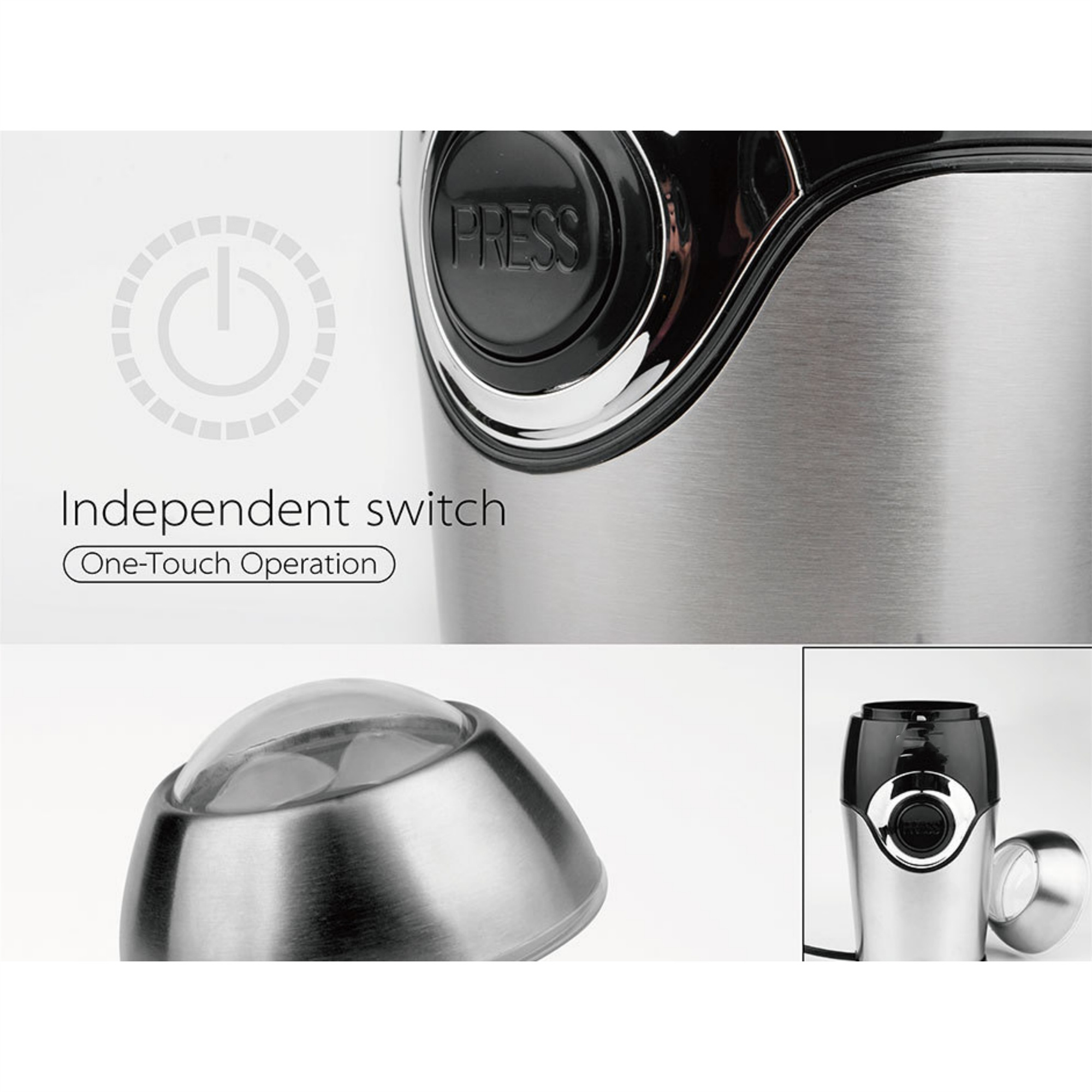 Nahaufnahme der Kaffeemaschine mit der Taste PRESS. Text: Independent switch. One-Touch Operation.