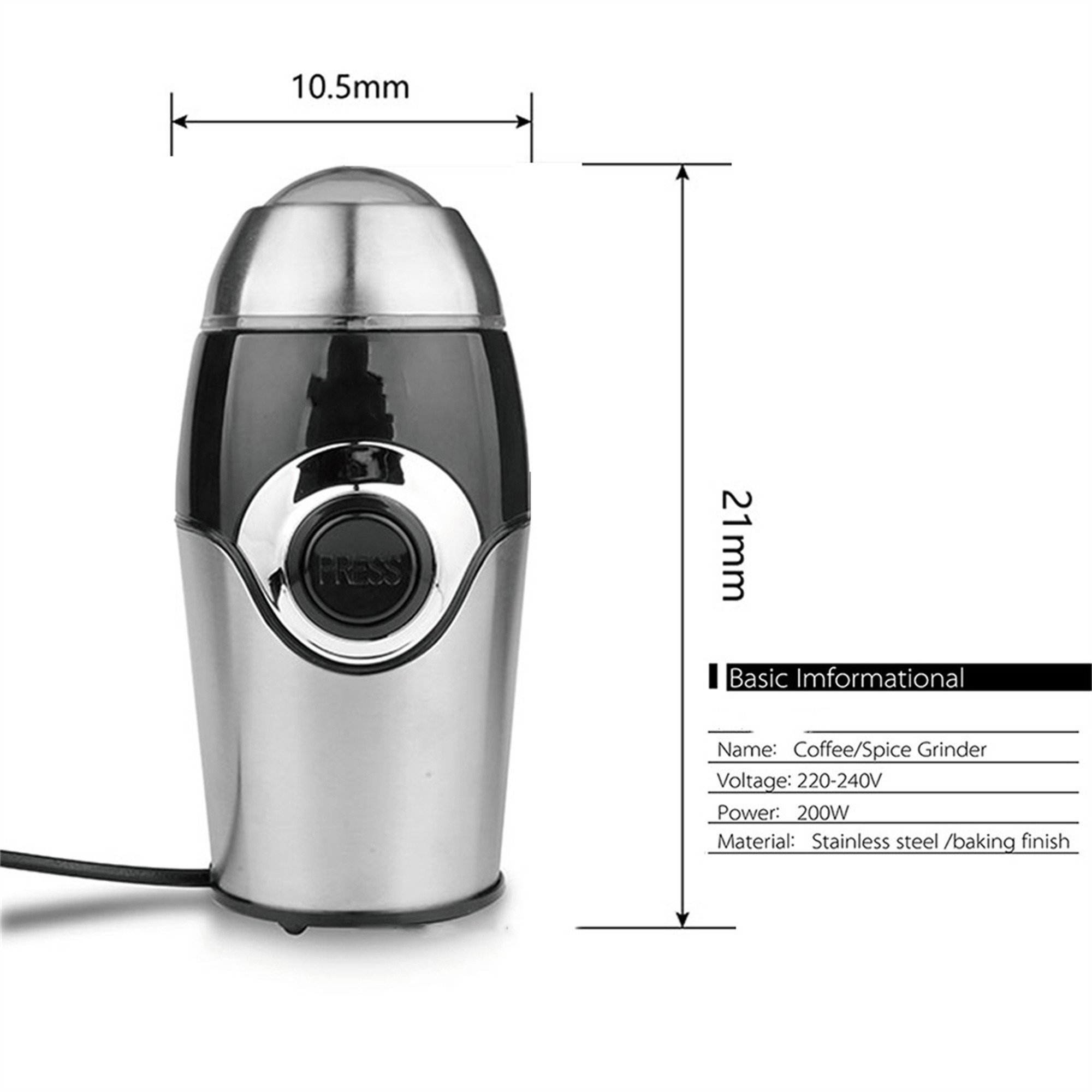 Eine silberne und schwarze Kaffeemühle mit Abmessungen in Millimetern beschriftet.
