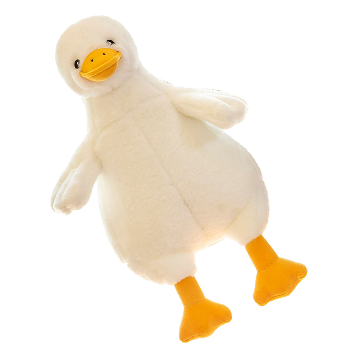 Weißes Enten-Plüschtier. Gelber Schnabel und Füße, offene Arme.