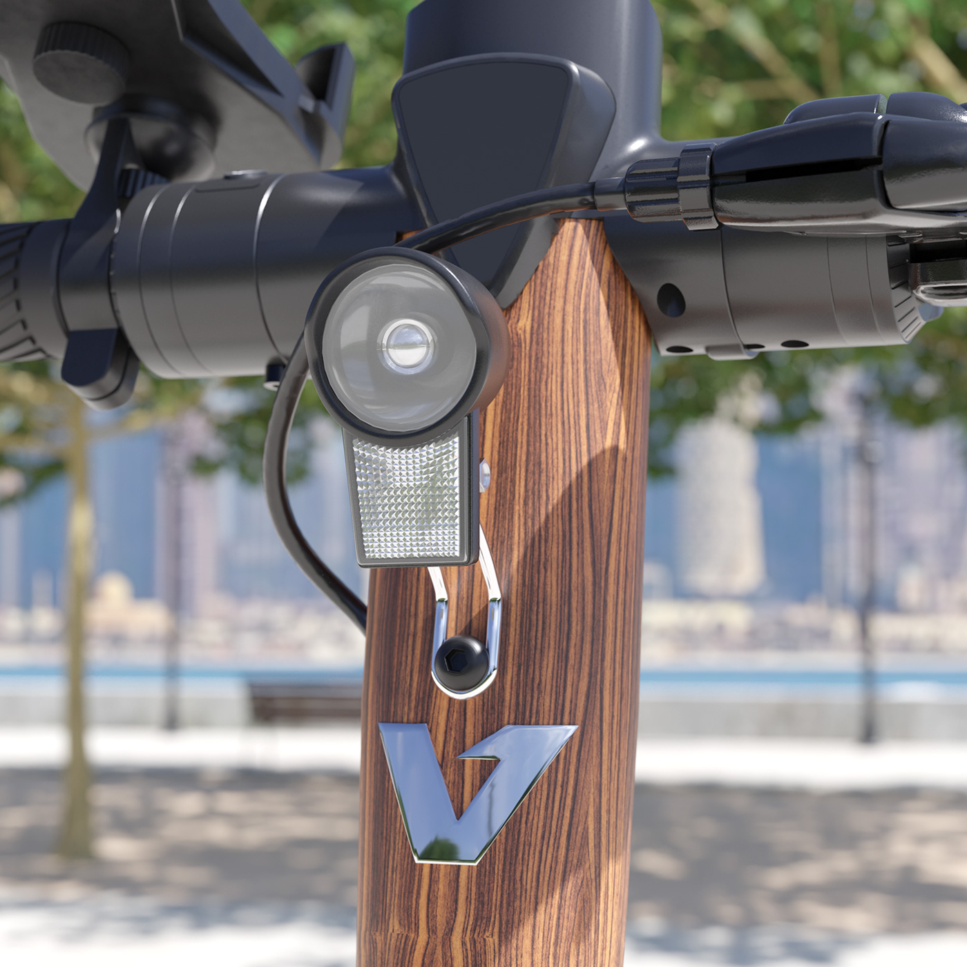 Nahaufnahme des Holz-Look-Stiels eines Rollers mit Scheinwerfer, Logo und unscharfem Hintergrund.