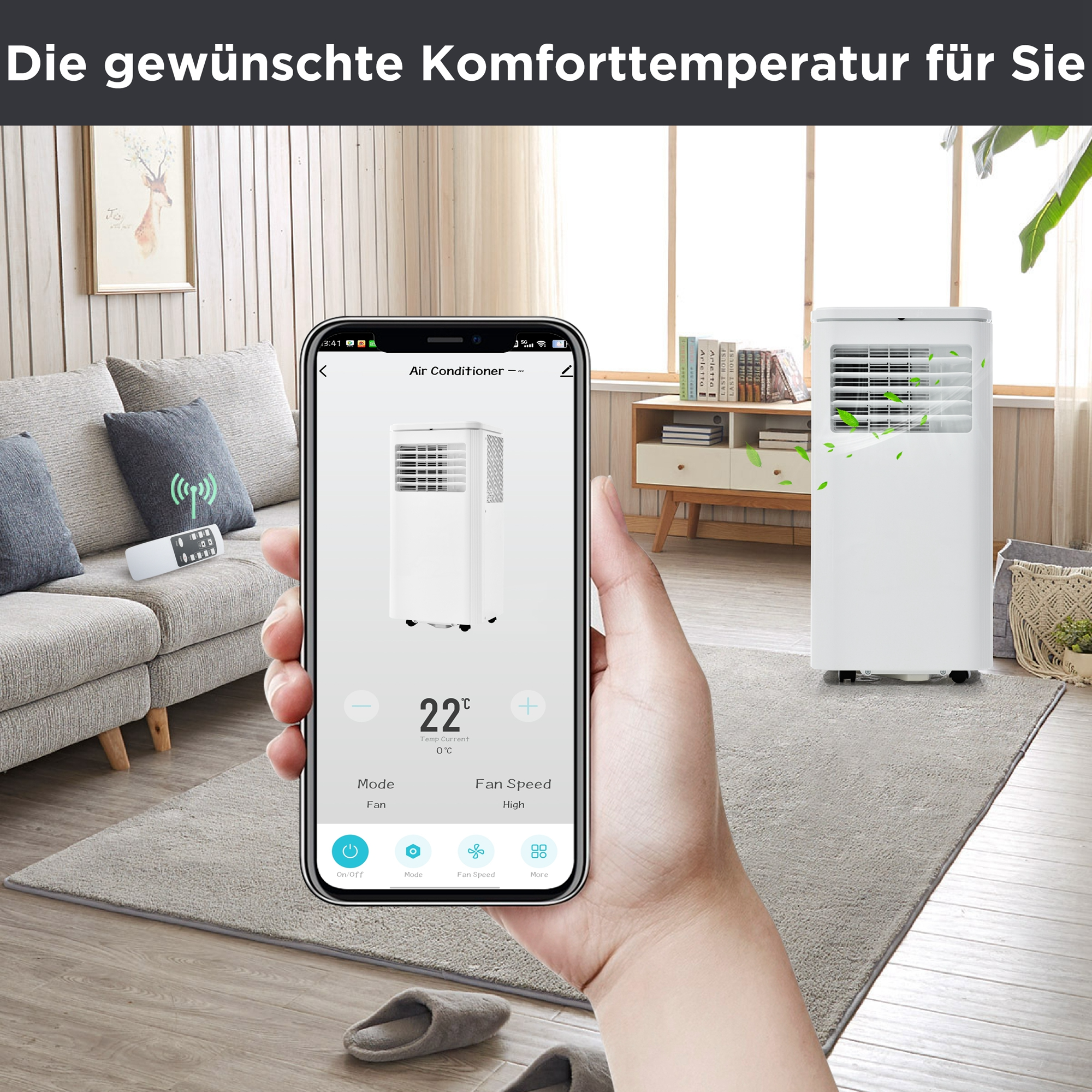 Eine Person, die ein Telefon verwendet, um eine weiße Klimaanlage zu steuern. Die App zeigt 22 Grad.