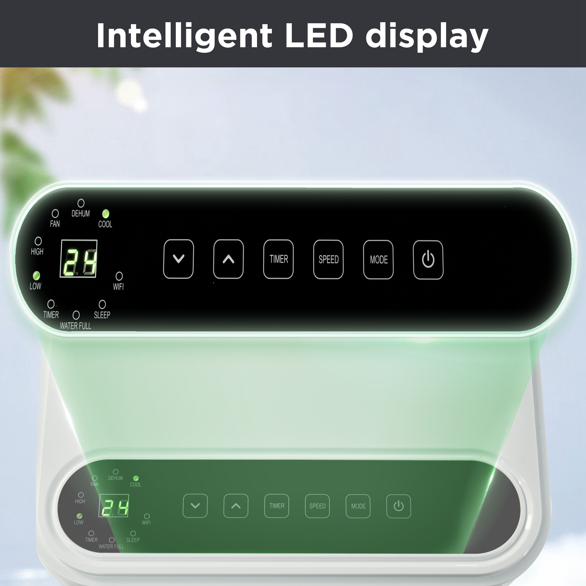 LED-Anzeige eines Geräts. Zeigt digitale Zahlen und Tasten mit grünem Leuchten.