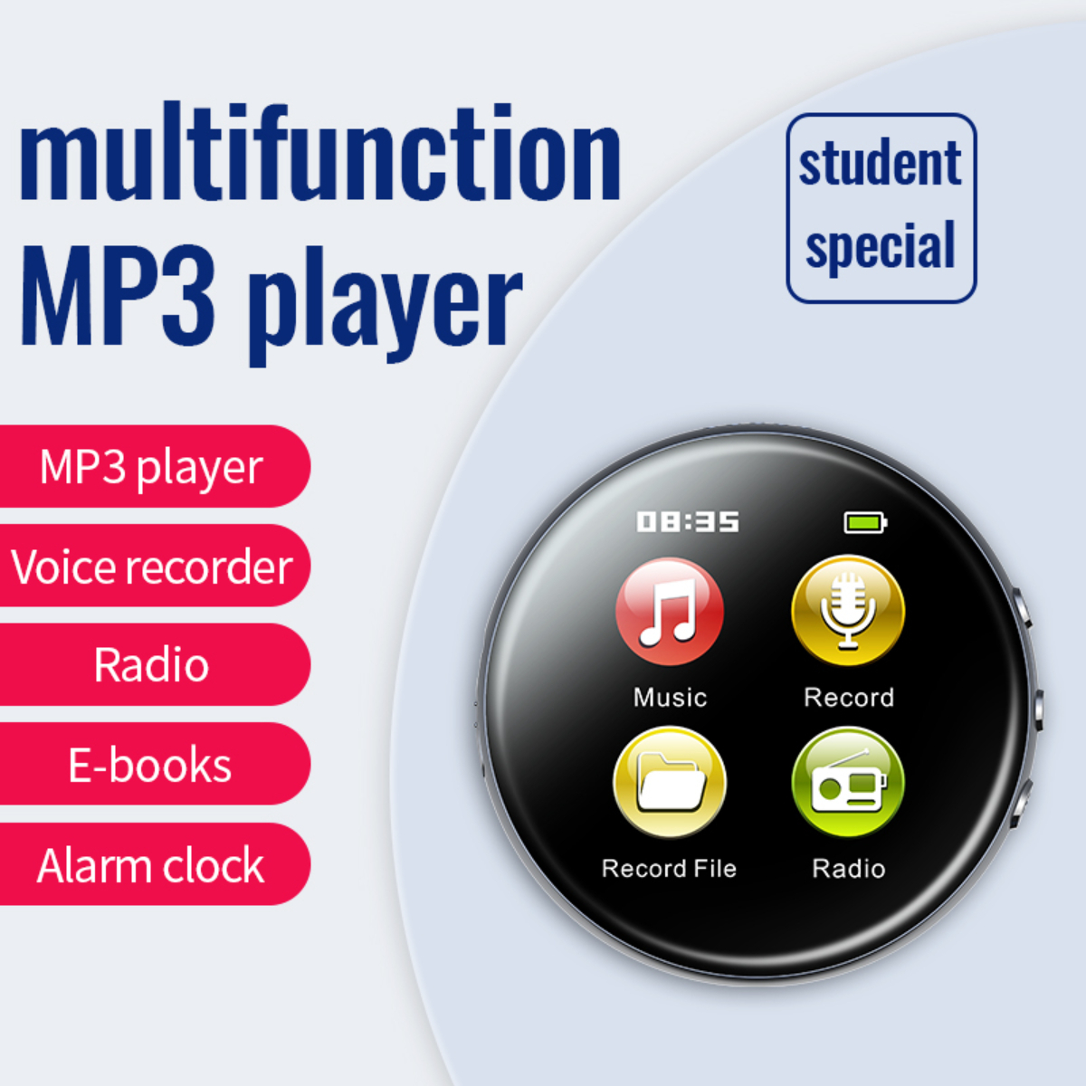 Multifunktionaler MP3-Player. Hat Tasten für Musik, Aufnahme, Aufnahmedatei und Radio.
