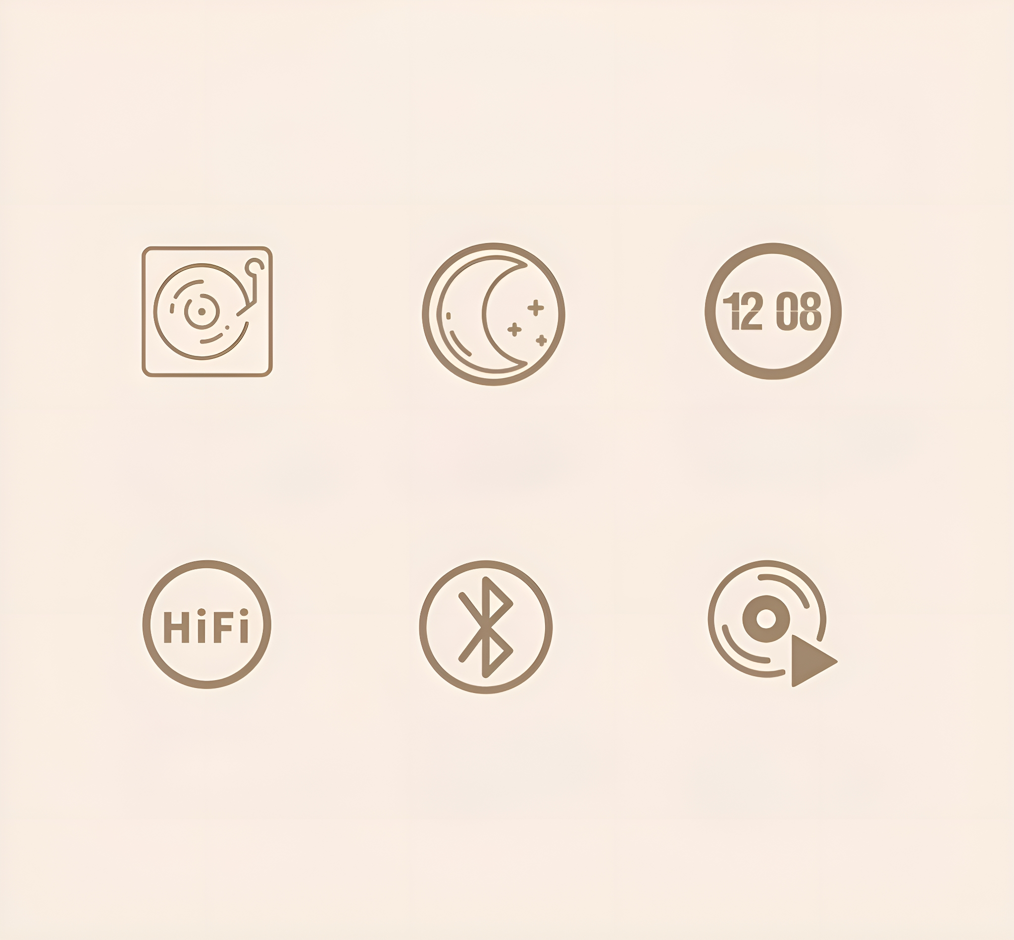 Symbole für Plattenspieler, Mond, Uhr, HiFi, Bluetooth und CD. Braune Umrisse auf hellbraunem Hintergrund.
