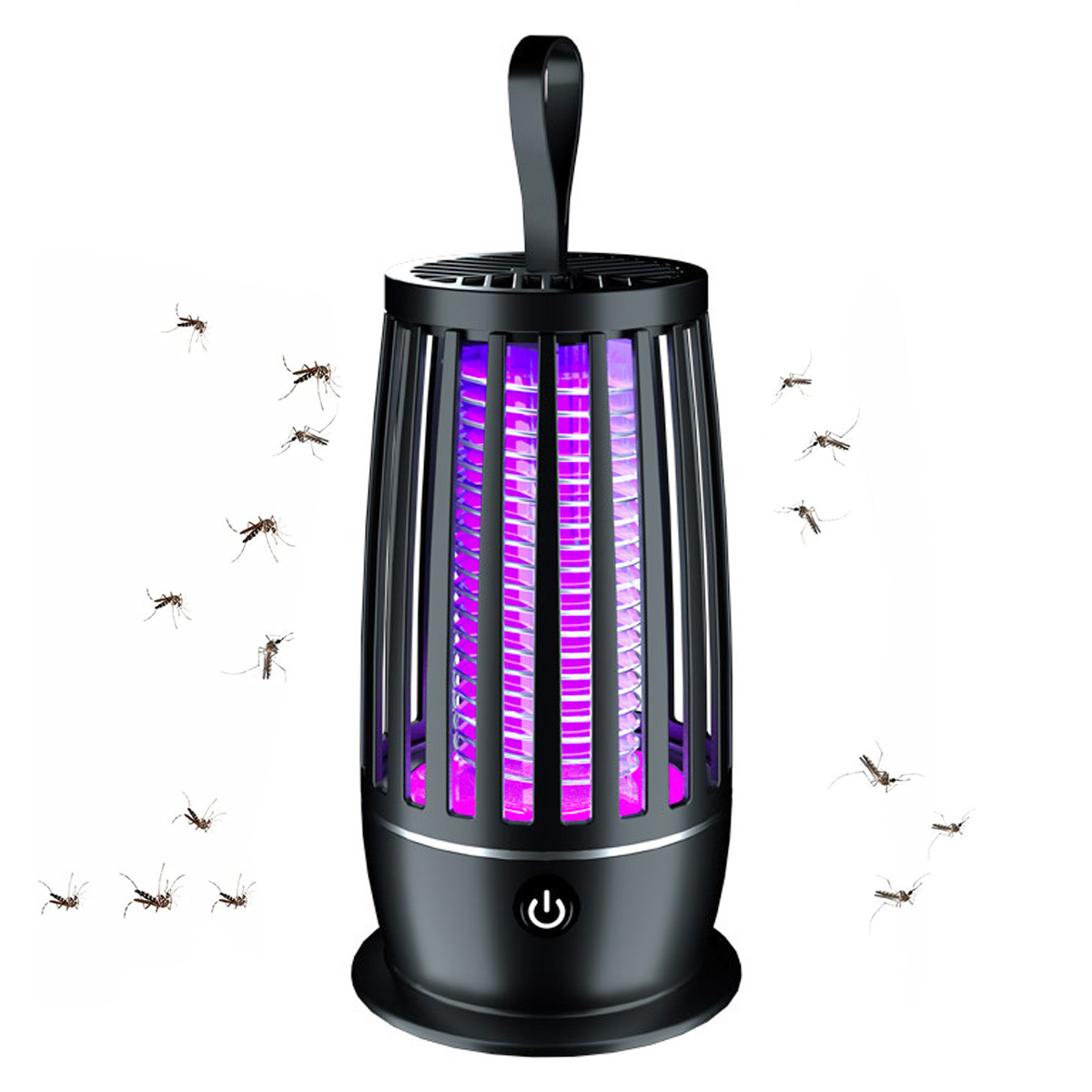 Schwarze Mückenfalle mit lila Licht. Mehrere Mücken fliegen vor weißem Hintergrund herum.