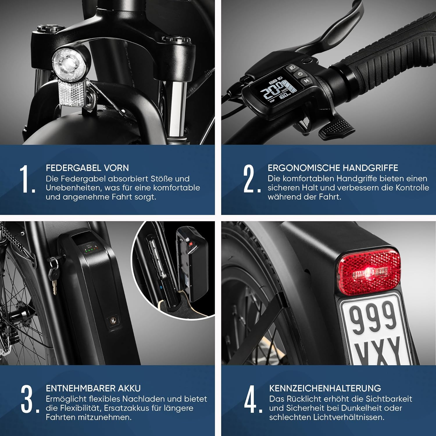 Schwarzes Fahrrad mit Beschriftungen. Text: Schwarzes Fahrrad mit Beschriftungen, die hervorheben: Vorderradgabel, ergonomische Griffe, Akku, Lichter.
