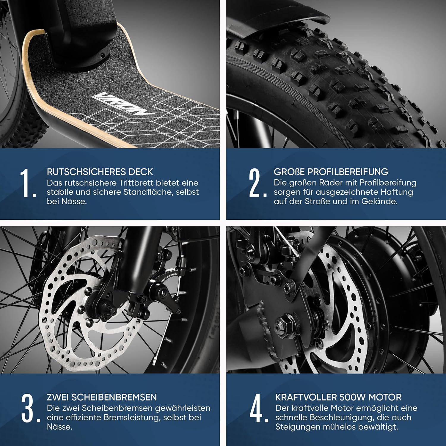 Nahaufnahme von Rollerdetails: Deck, Reifen, Bremsen, Motor. Text überlagert.