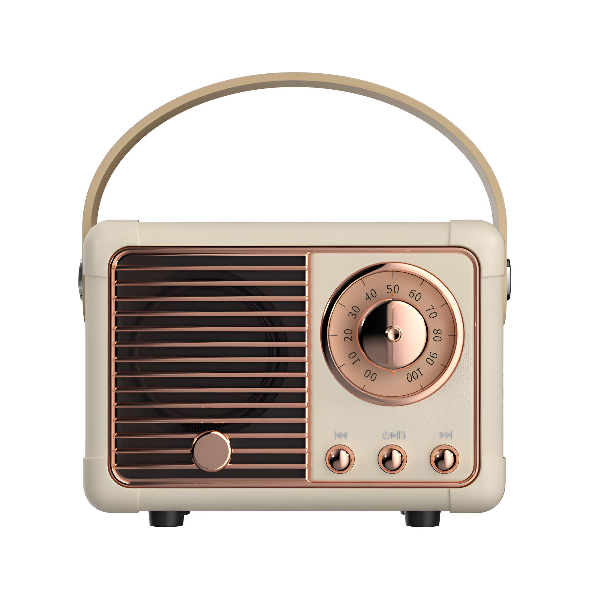 Cremefarbenes Radio im Retro-Stil mit Griff und goldenen Akzenten.
