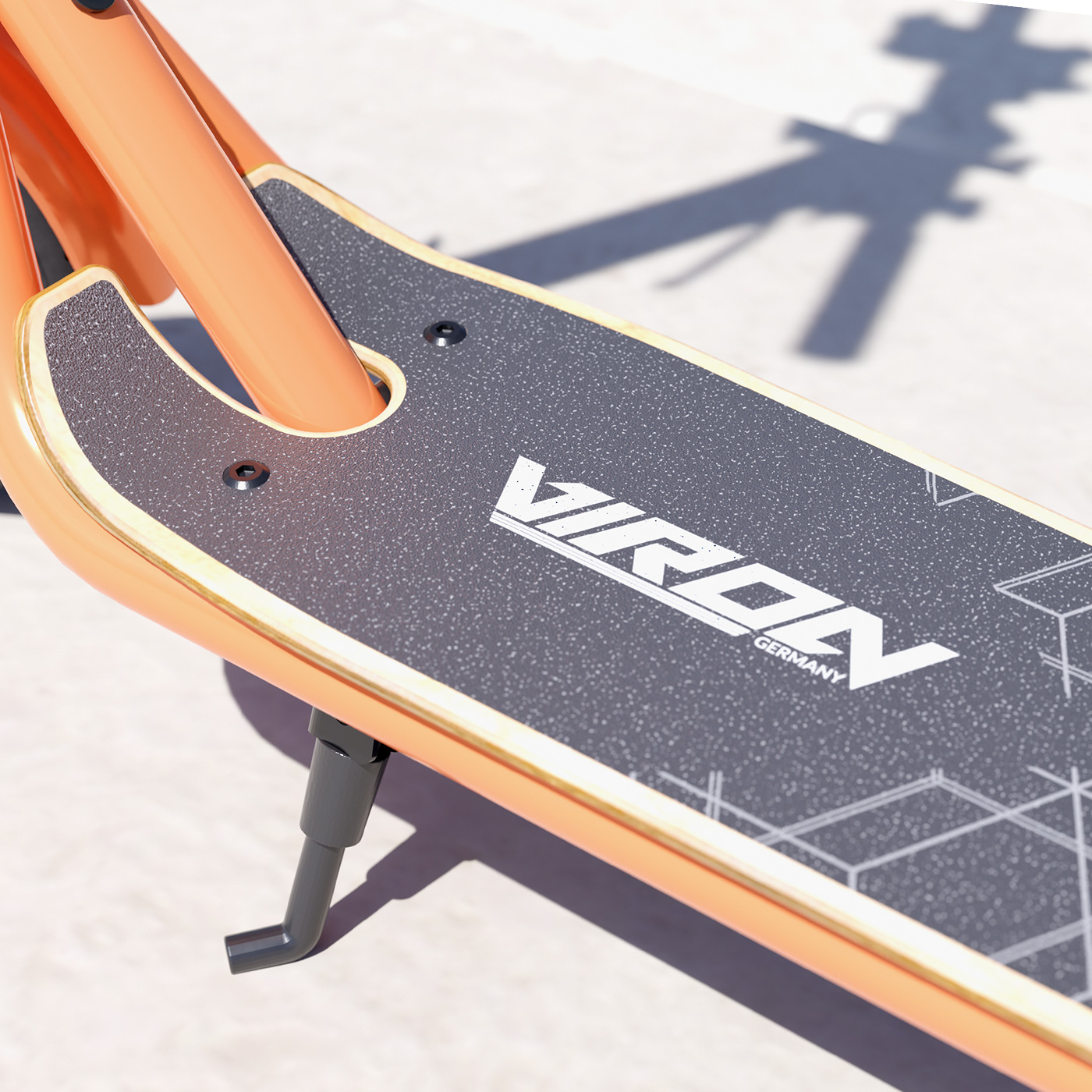 Nahaufnahme des schwarzen Scooter-Decks. Viron Germany-Logo. Grau und schwarz strukturierte Oberfläche.