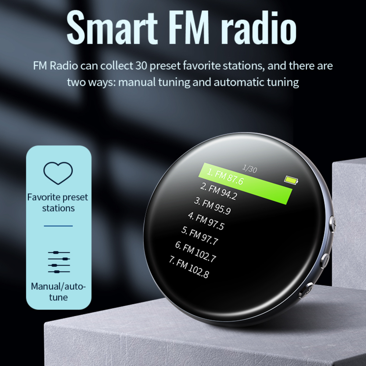 Smart FM-Radio mit Display und Bedientasten auf einer Steinoberfläche.