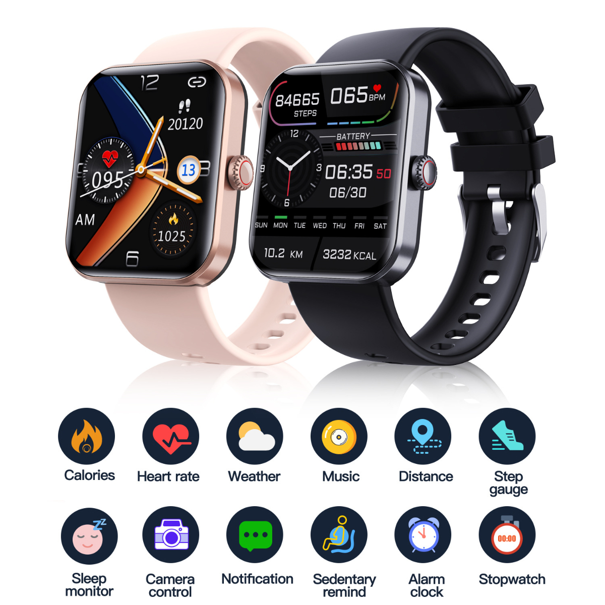 Zwei Smartwatches, eine rosa und eine schwarze, mit Symbolen unten, die Funktionen wie Kalorien, Herzfrequenz und Wetter zeigen.