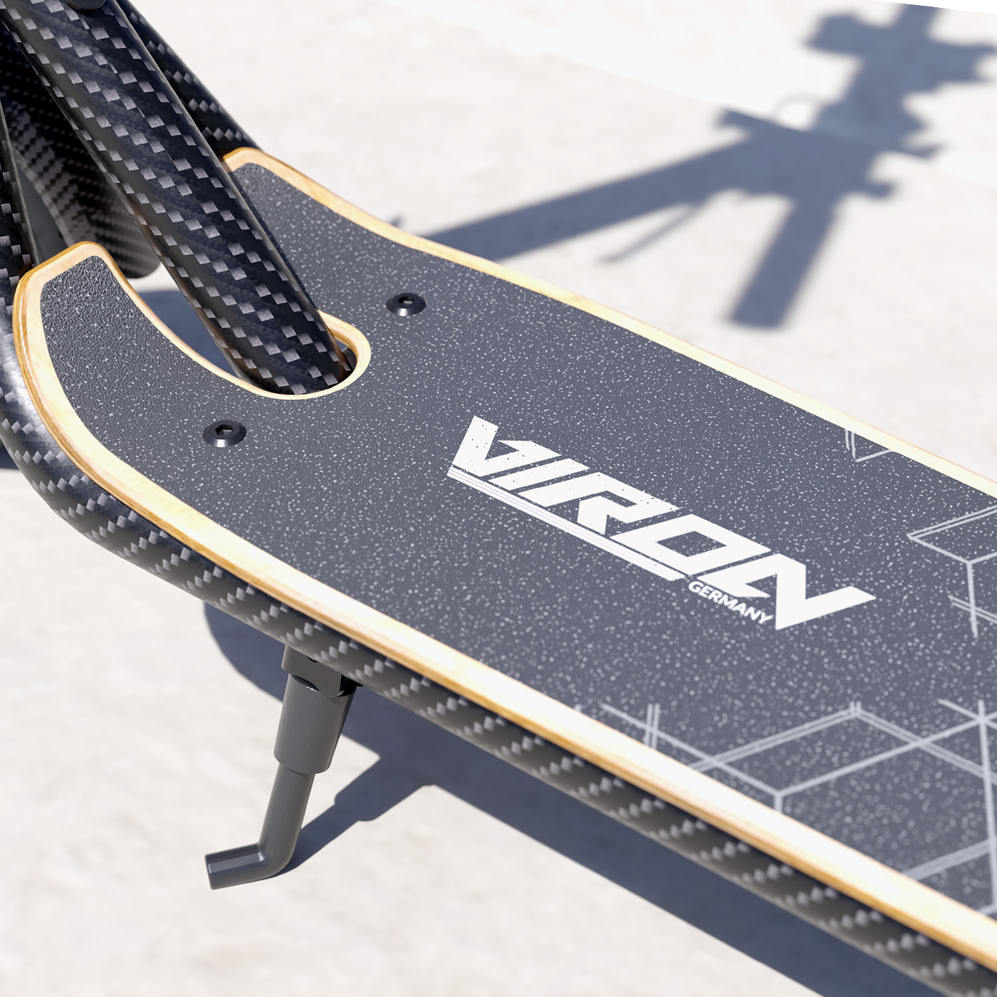 Nahaufnahme eines schwarzen Rollerdecks mit dem Wort "VIRON GERMANY". Holzverkleidung und ein Ständer.