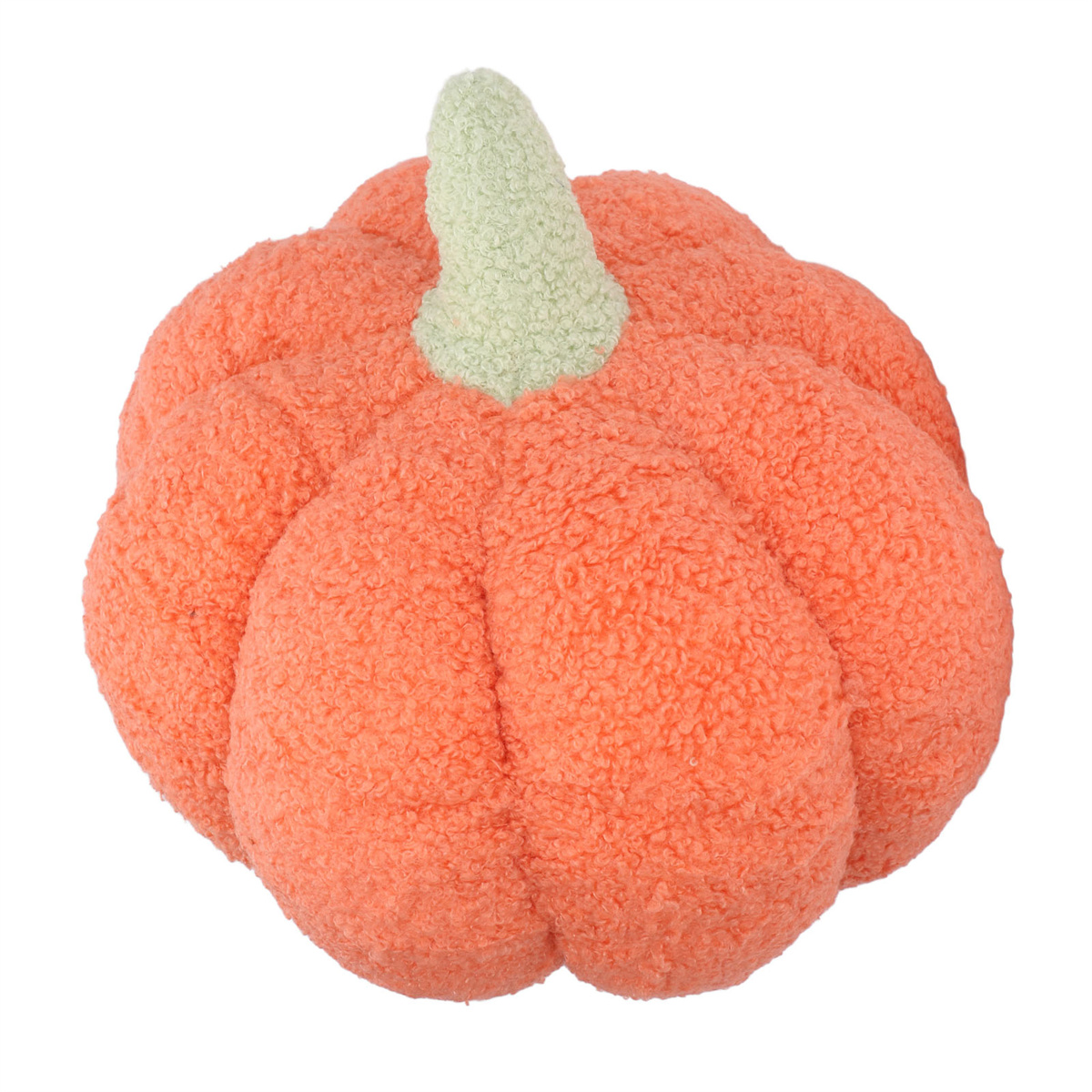 Ein orangefarbenes, kürbisförmiges Plüschkissen mit grünem Stiel.