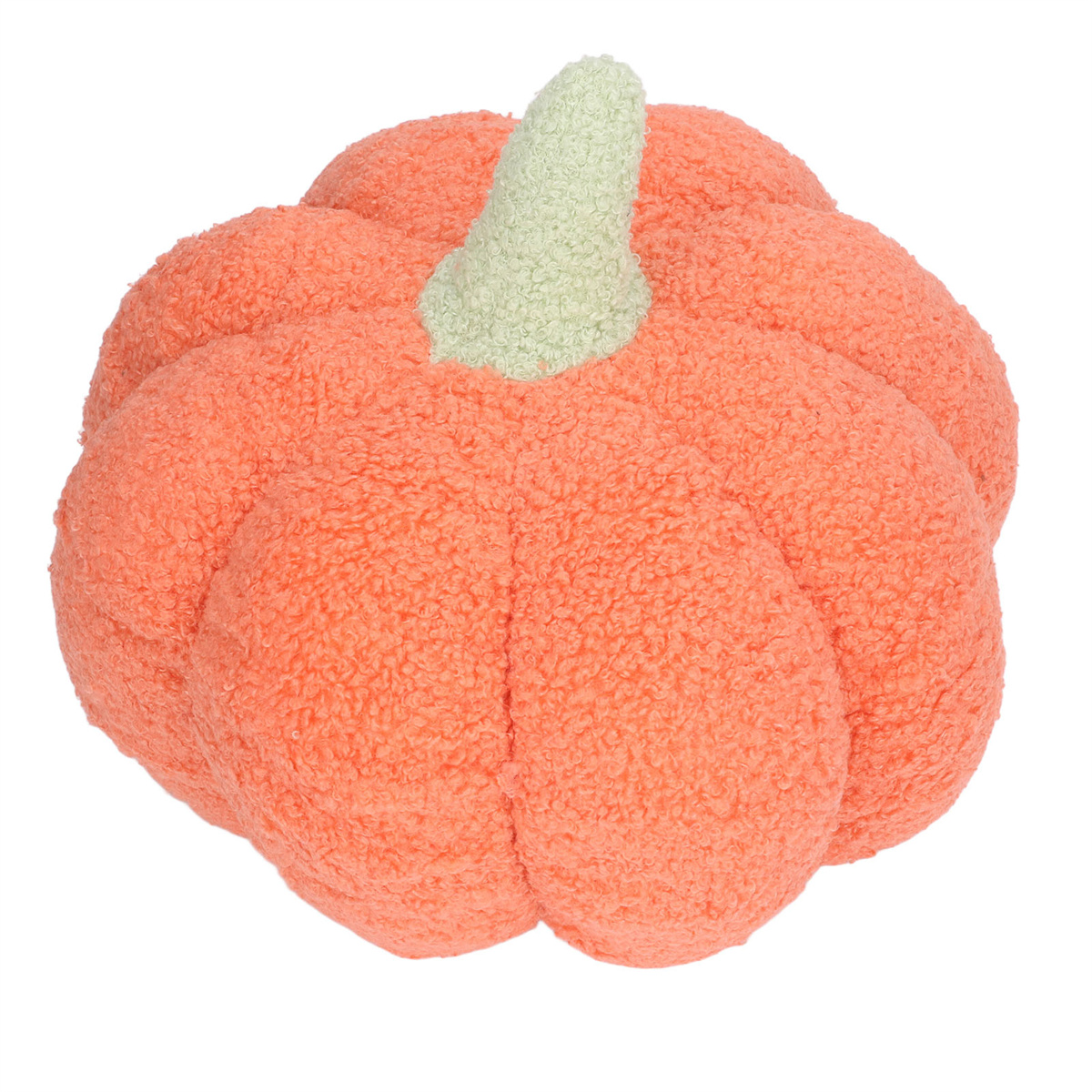 Orangefarbenes, kürbisförmiges Kissen mit grünem Stiel.