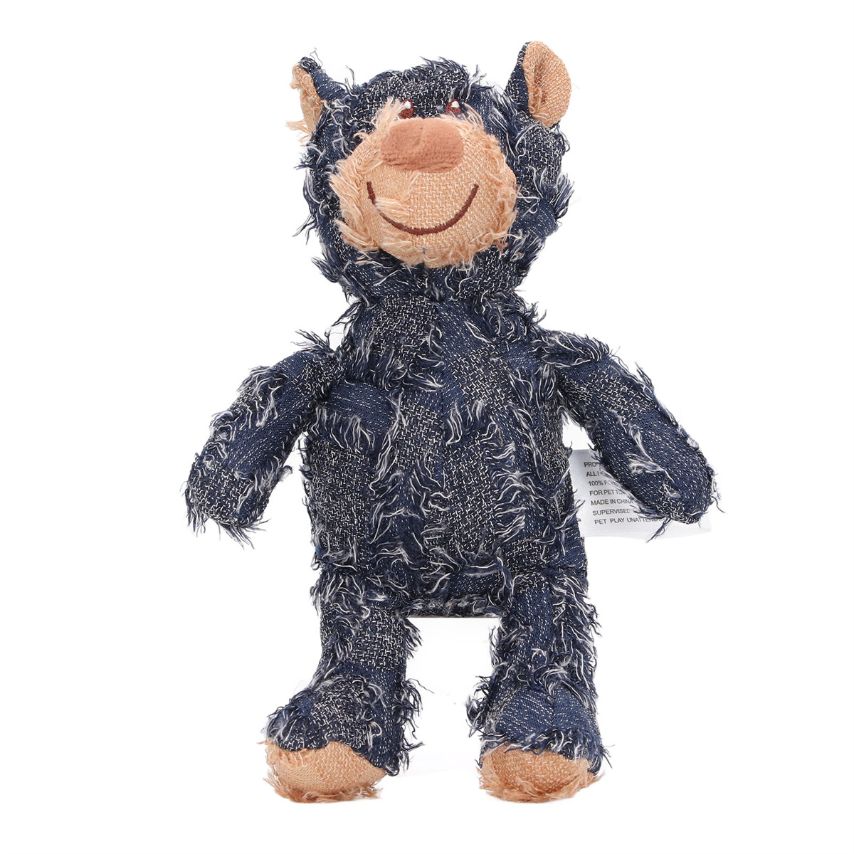 Ein blaues, jeansartiges Hundespielzeug in Form eines Bären mit lächelndem Gesicht.