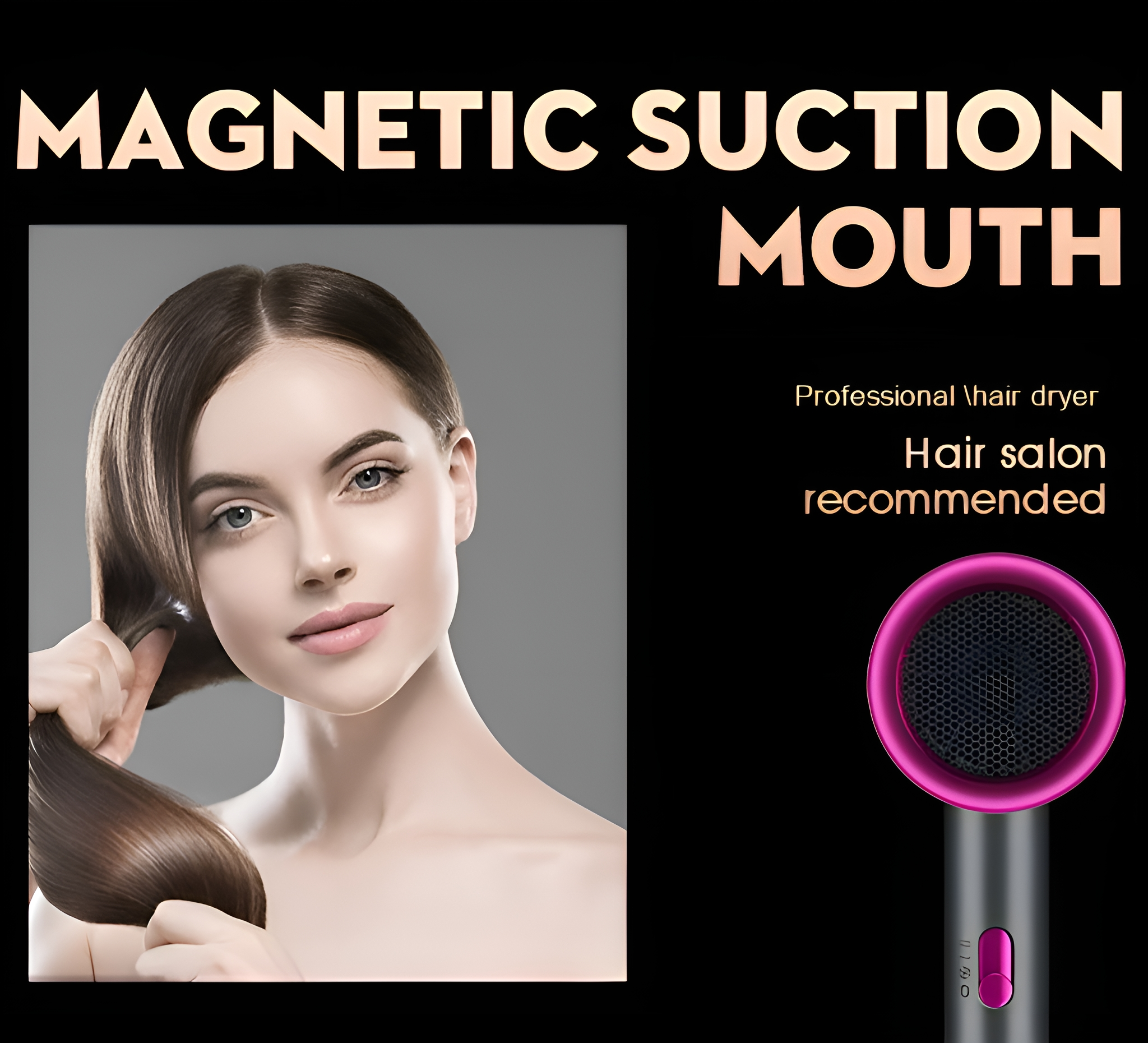 Frau hält einen rosa Haartrockner mit dem Text "Magnetic Suction Mouth".