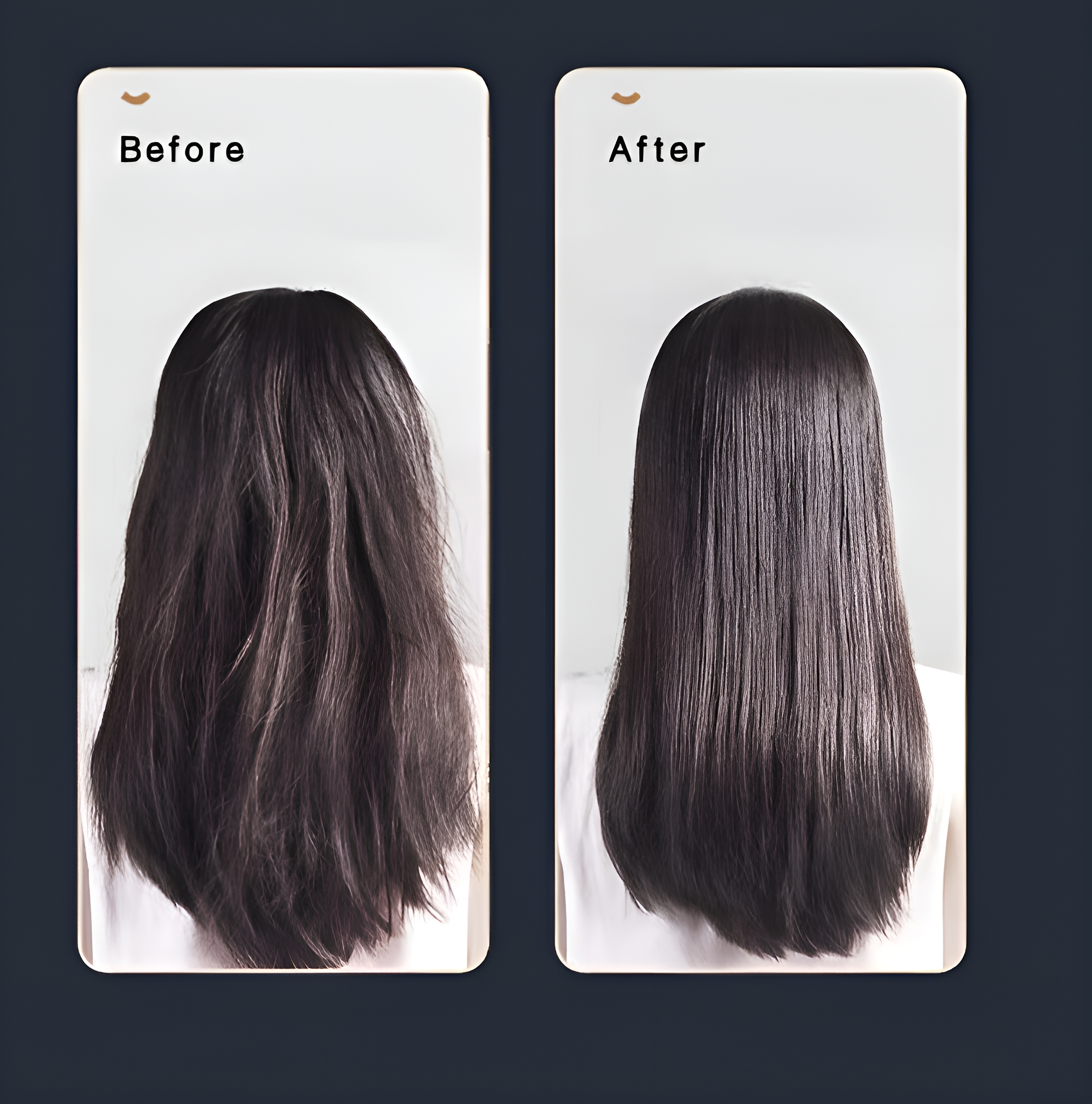 Vergleich von Haaren vor und nach der Behandlung. Dunkle Haare, weißer Hintergrund.