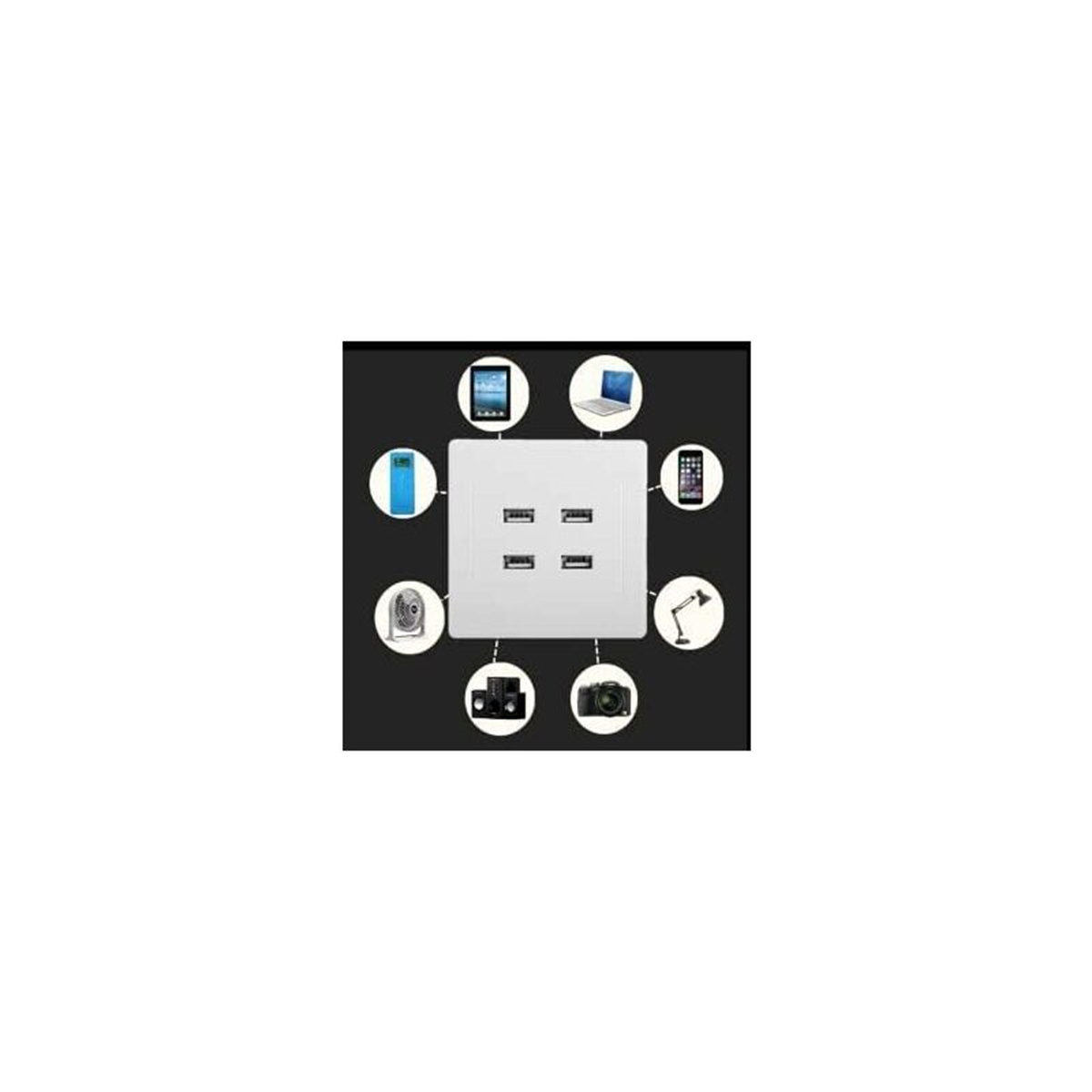 Eine weiße Steckdose mit vier USB-Anschlüssen, umgeben von kleinen Elektroniksymbolen.