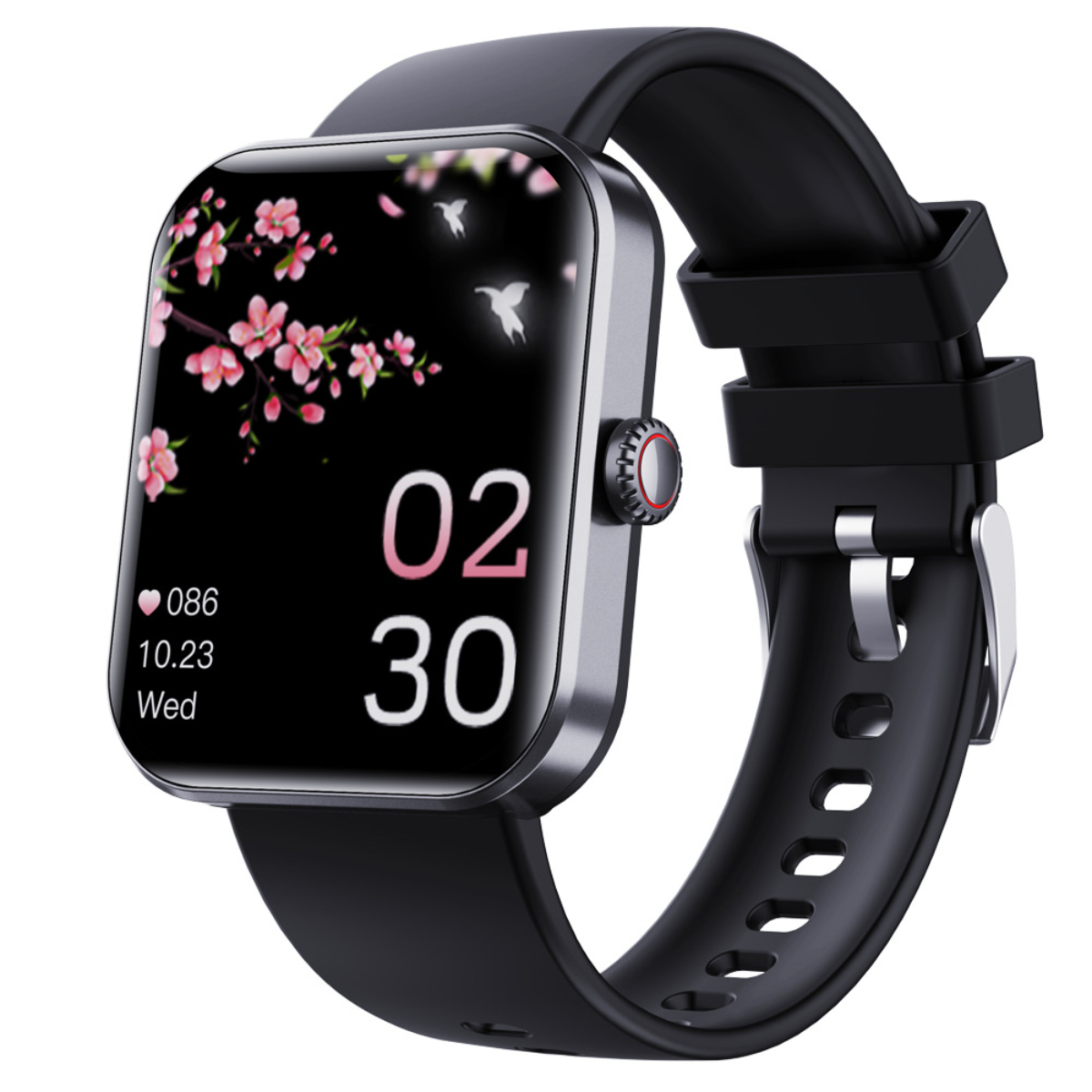 Schwarze Smartwatch mit rosa Blumen auf dem Bildschirm, zeigt Zeit, Datum und Herzfrequenz.