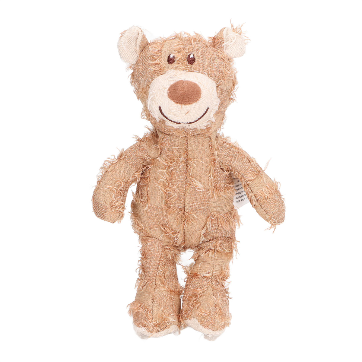 Ein Teddybär-Plüschtier, stehend, hellbraun mit Details.