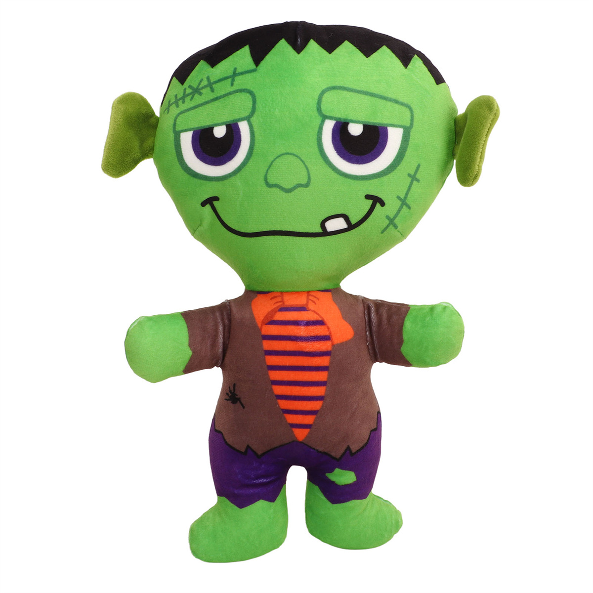 Ein Frankenstein-Plüschtier mit grüner Haut, lila Hose und braunem Mantel.