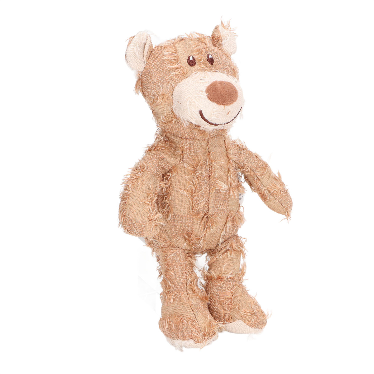 Ein braunes Teddybär-Plüschtier, das auf einer weißen Oberfläche steht. Es hat ein hellbraunes Gesicht und Körper.