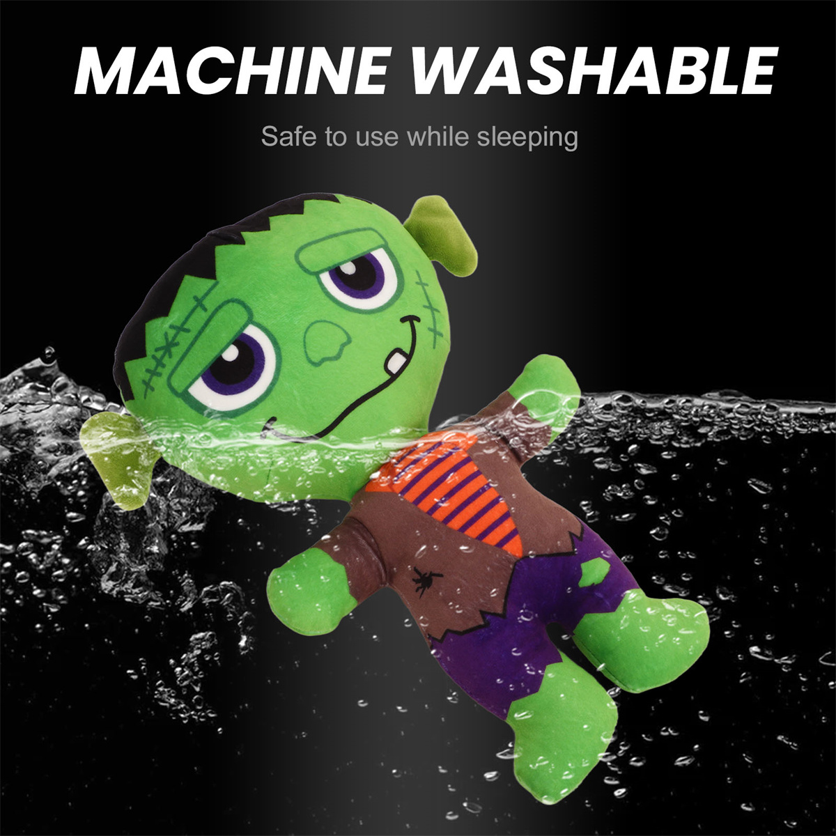 Ein grünes Frankenstein-Plüschtier im Wasser. Text: 'Maschinenwaschbar'.