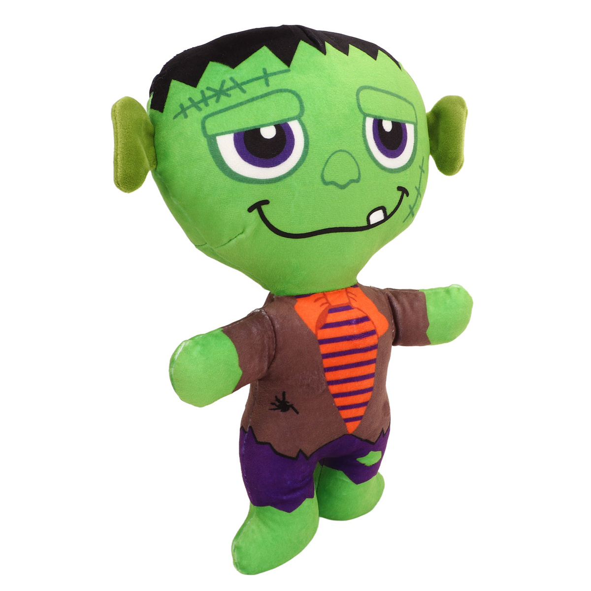 Grünes Frankenstein-Plüschtier. Schwarze Haare, genähtes Gesicht. Brauner Mantel, lila Hose.