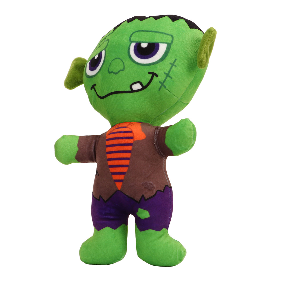 Grünes Frankenstein-Plüschtier mit Nähten, lila Hose, brauner Jacke und gestreifter Krawatte.