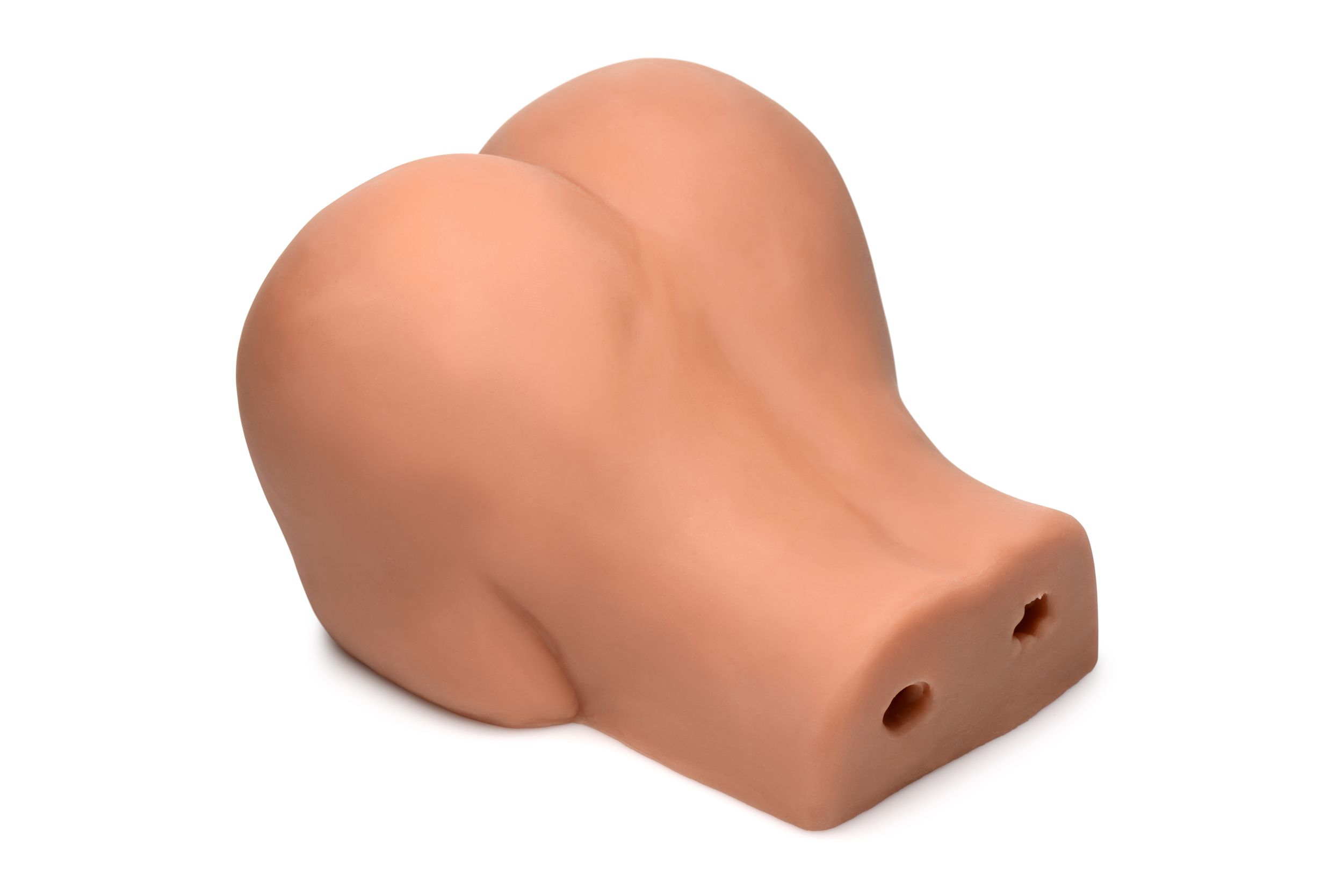 Ein fleischfarbenes Objekt mit zwei abgerundeten Formen und einem rechteckigen Sockel mit zwei Löchern vorne. Weißer Hintergrund.