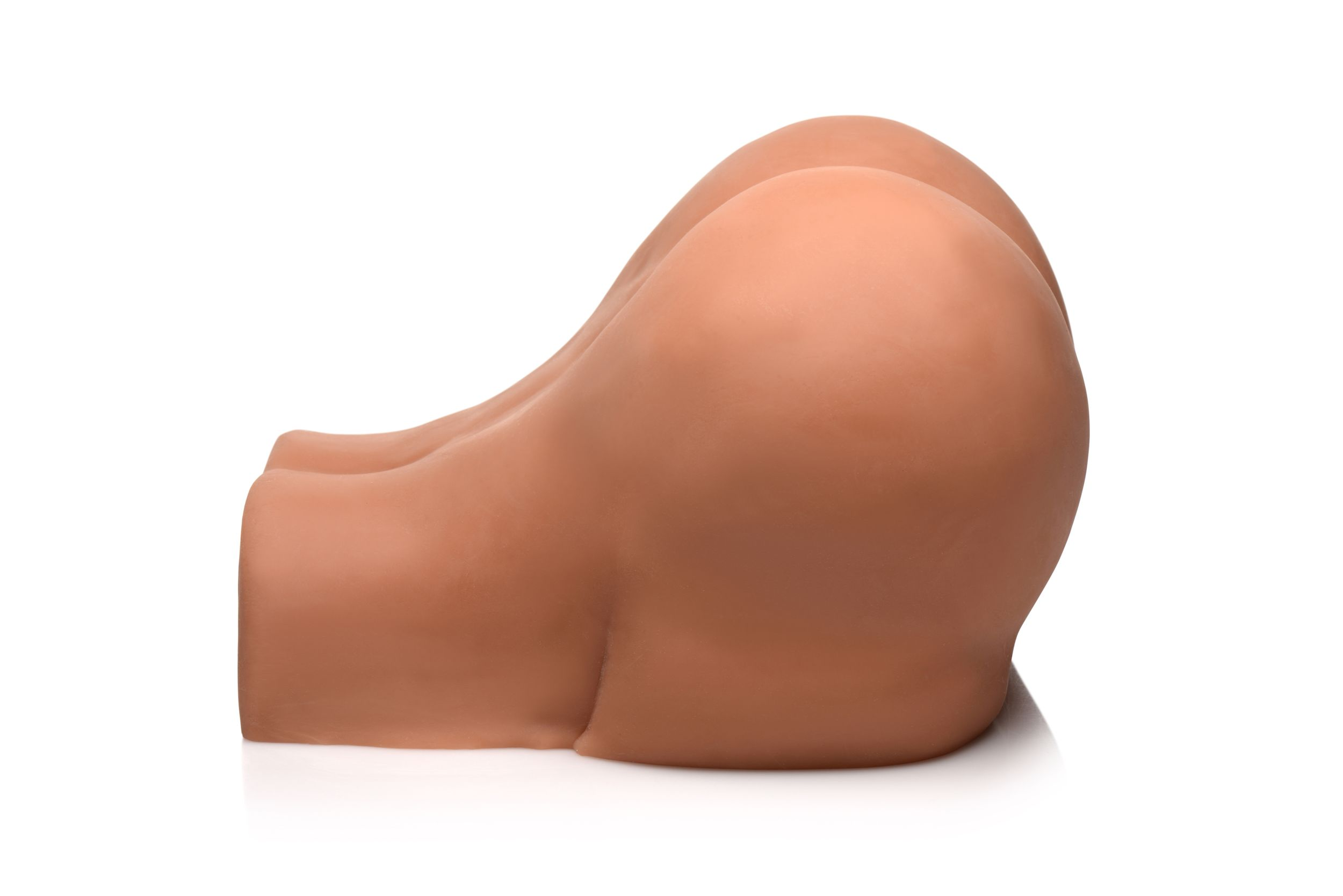 Ein hautfarbenes, realistisches, anatomisches Modell eines menschlichen Gesäßes, isoliert auf weißem Grund.
