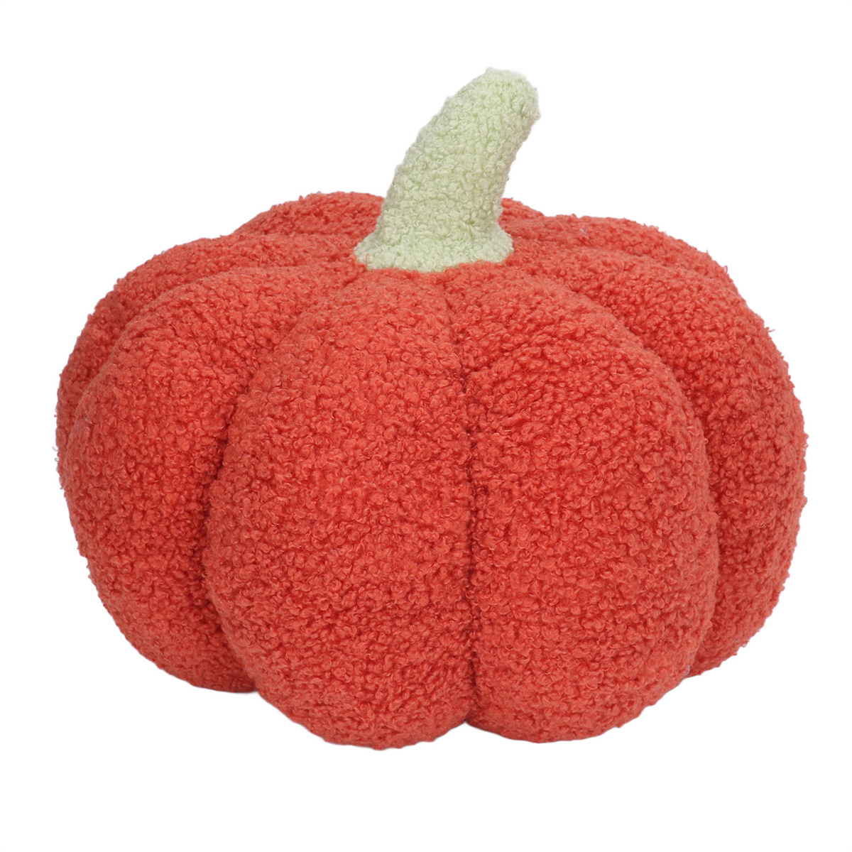 Orangenes Kürbis-Plüschtier mit grünem Stiel.