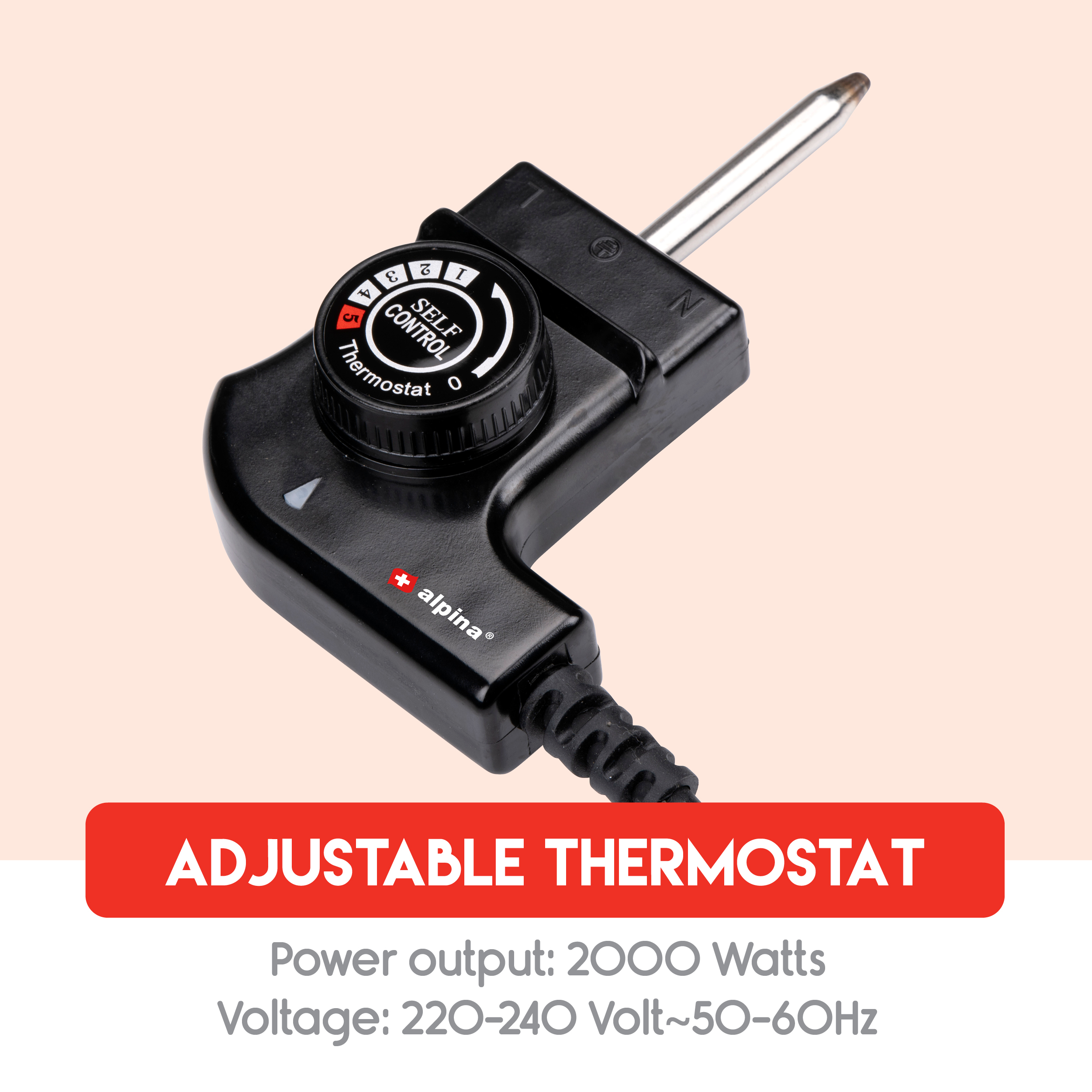 Schwarzer, einstellbarer Thermostat. Text darunter lautet: Einstellbarer Thermostat, Leistung: 2000 Watt, Spannung: 220-240 Volt.