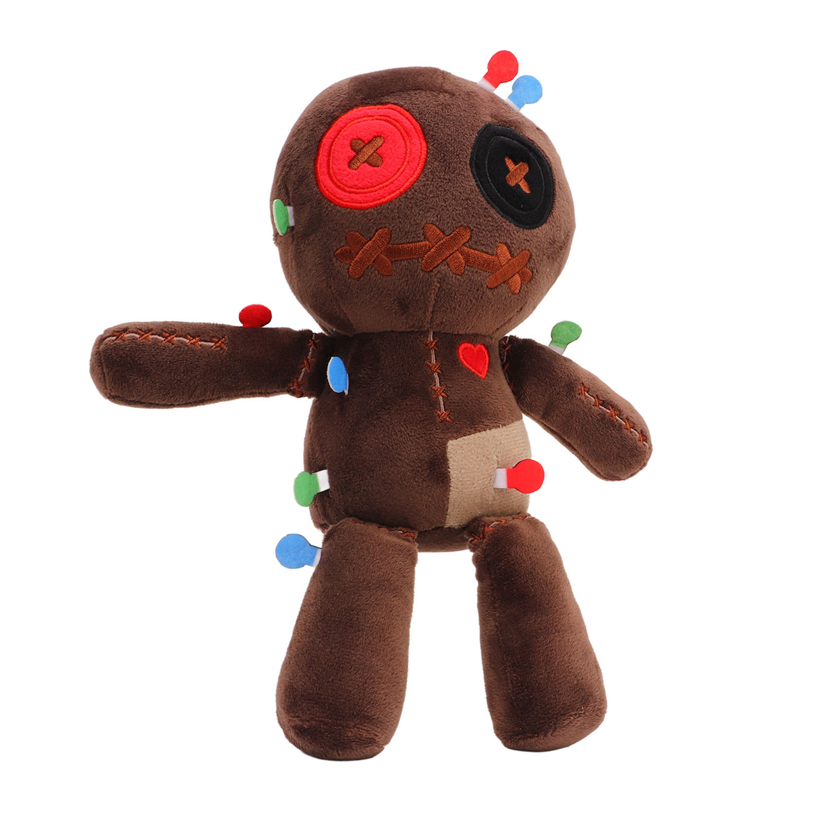 Braune Voodoo-Puppe mit Stecknadeln. Rotes Herz auf der Brust. Knopfaugen und Mund.