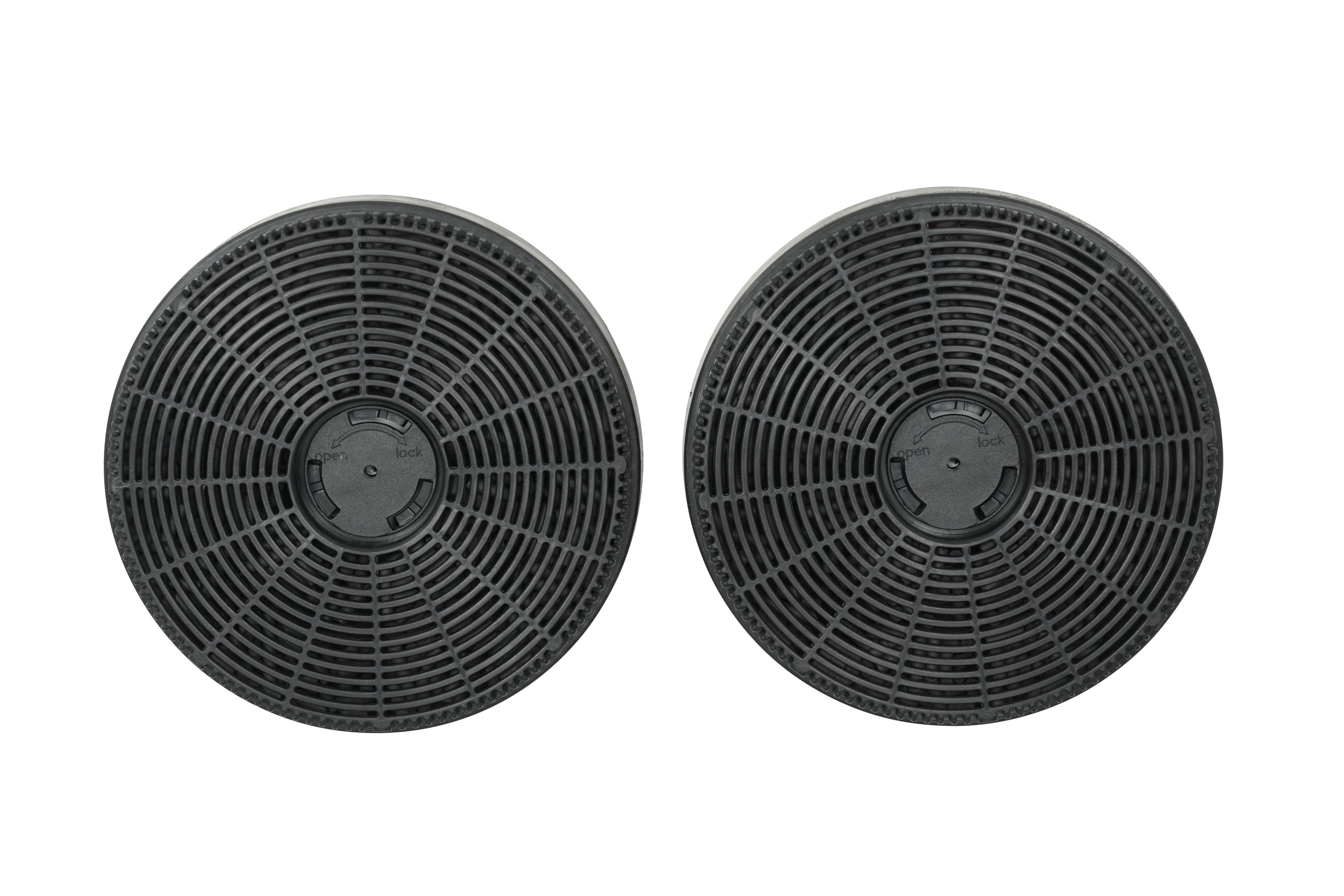 Two black round carbon filters with a grid pattern and open/lock indicators.