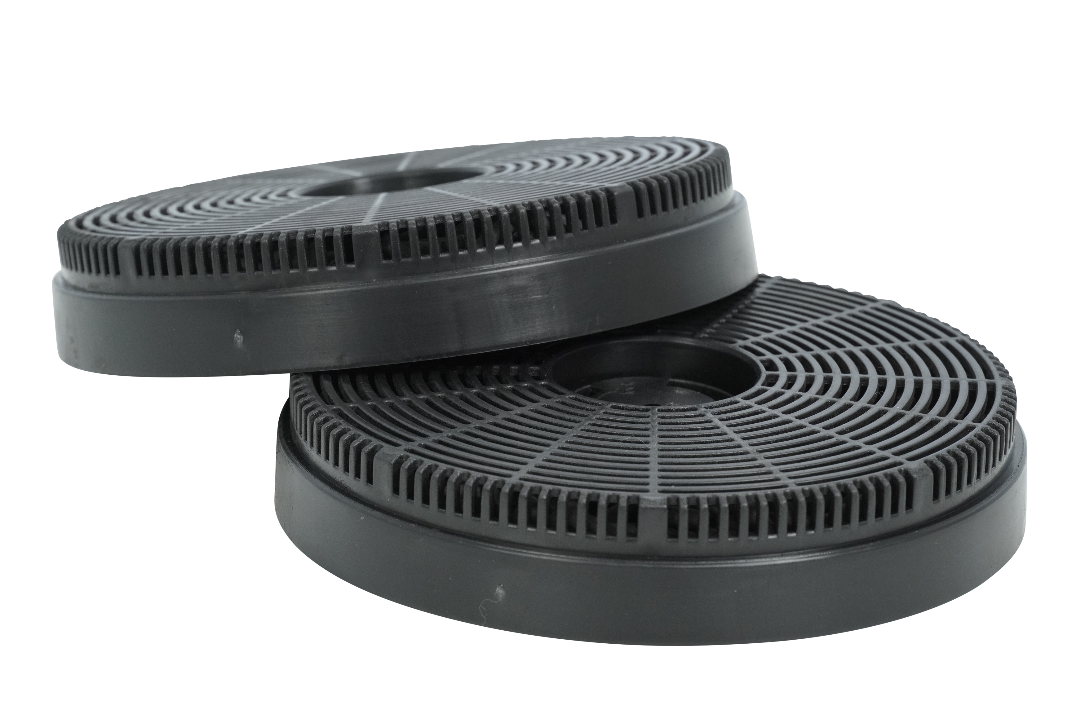 Two black, circular air filter parts with a mesh design, placed against a black background.