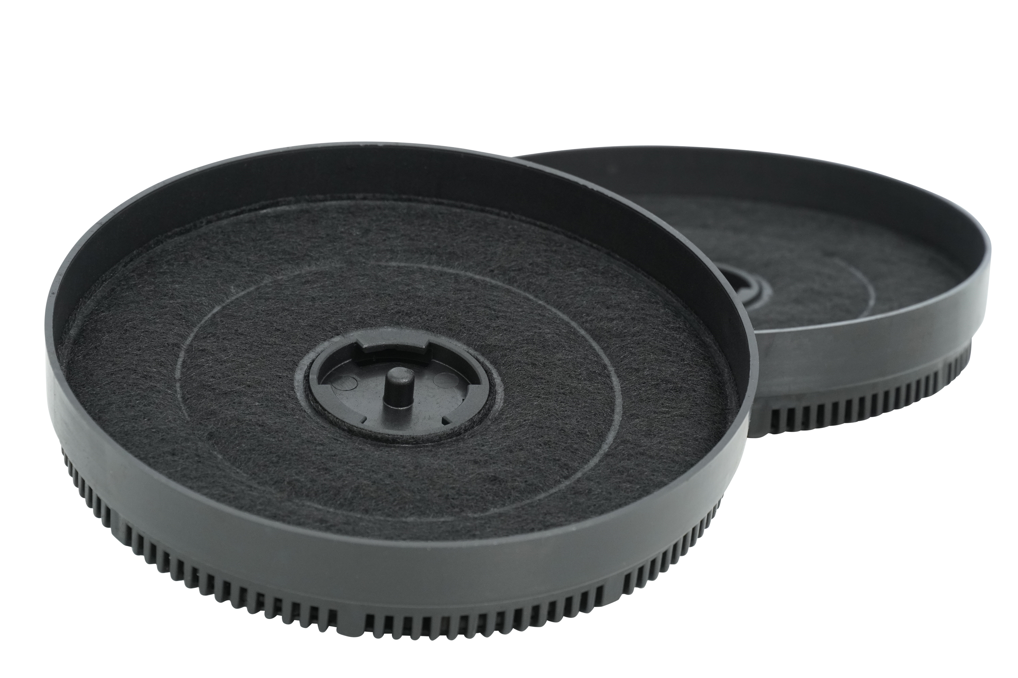 Two black, round air filters with concentric circles, set against a black background.
