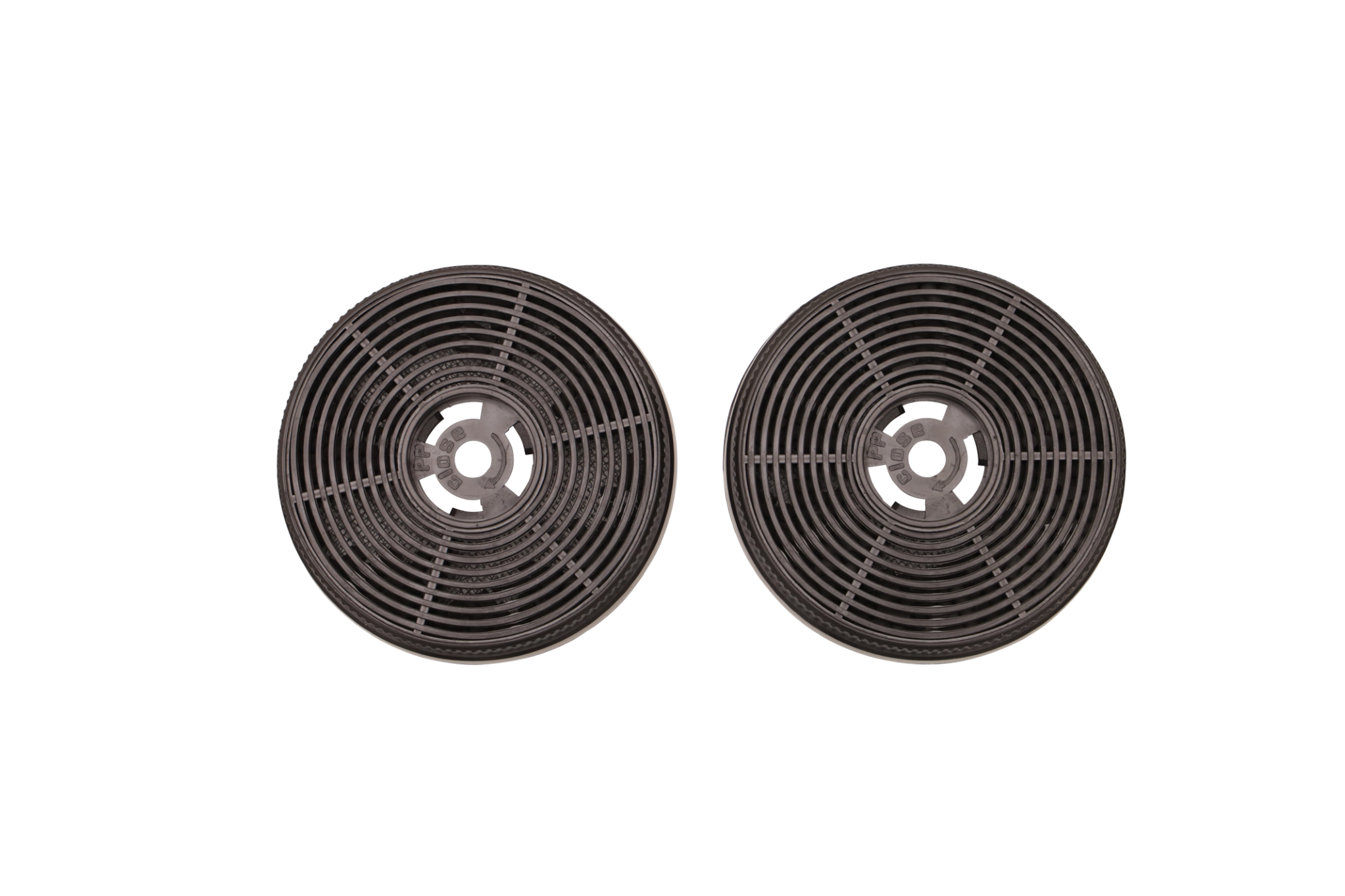 Two black, circular carbon filters for a range hood, each with concentric rings and a central hub.