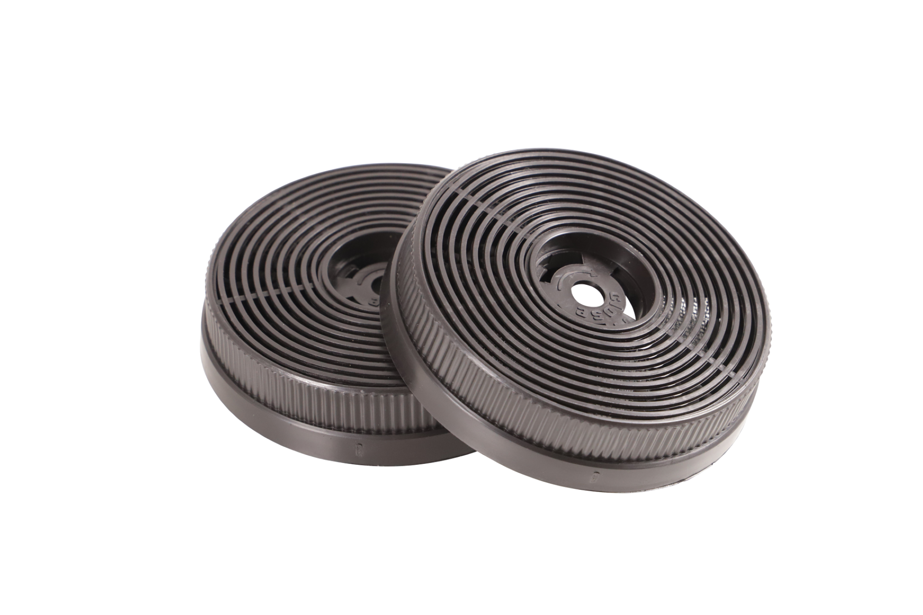 Two round, dark gray air filters on white background. They have a circular design.