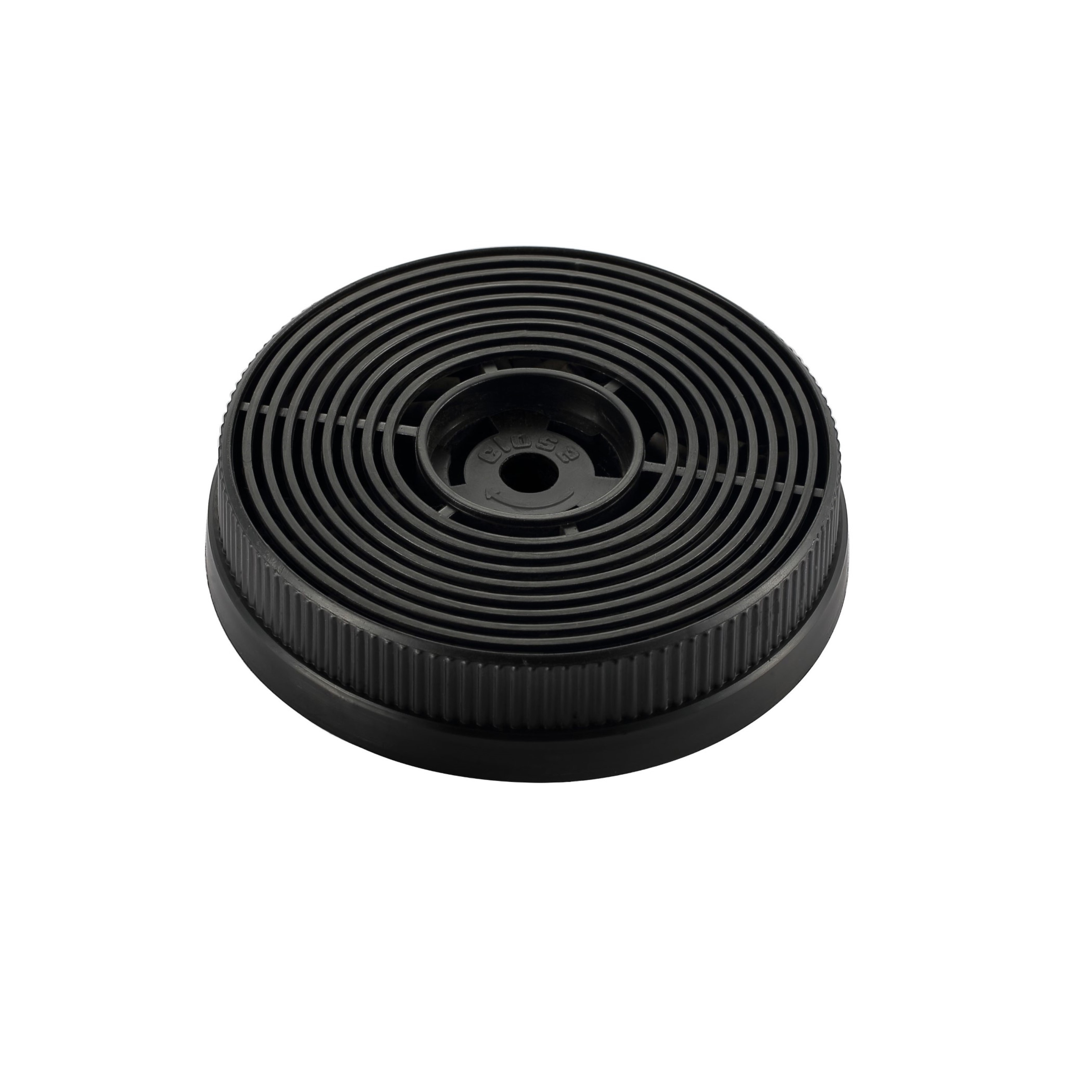A black, circular carbon filter with a central hole and concentric ridges.