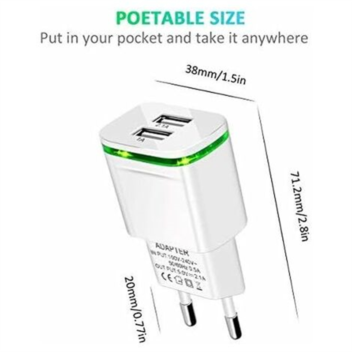 Weißes Ladegerät mit zwei USB-Anschlüssen und grünen Lichtern. Abmessungen werden angezeigt.