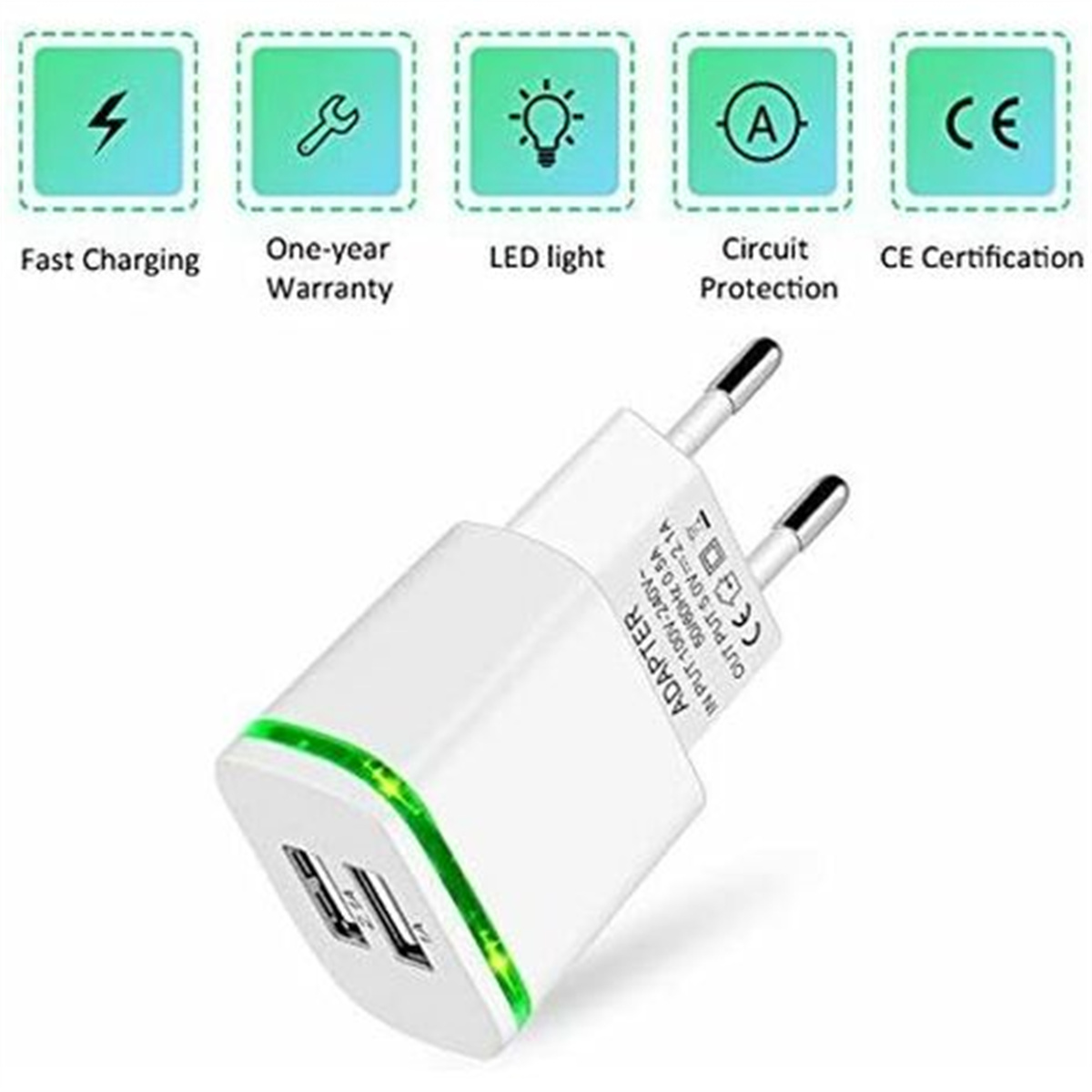 Ein weißer Adapter mit zwei USB-Anschlüssen und einem grünen Licht, mit Symbolen für Funktionen.