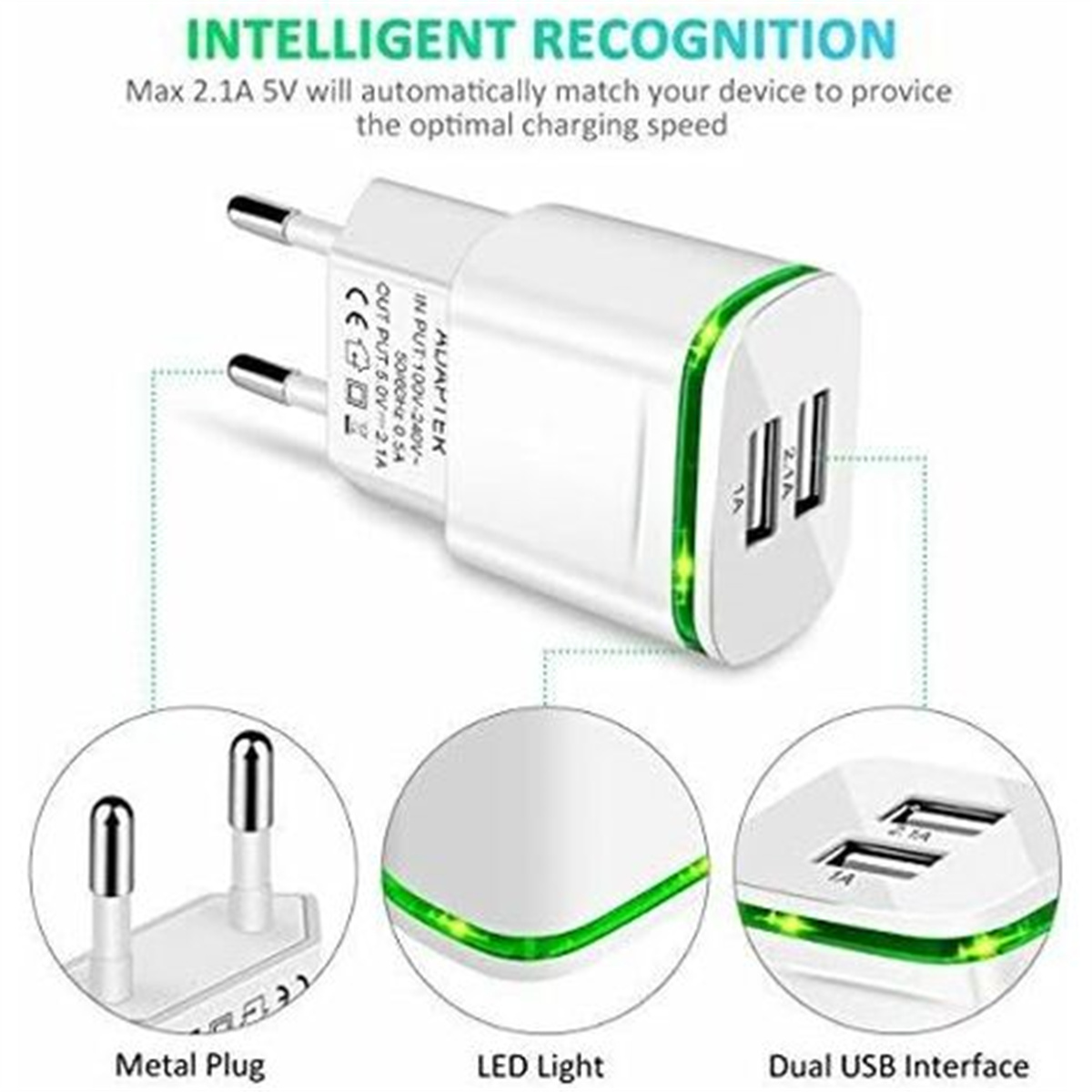 Ein weißes USB-Ladegerät mit zwei Anschlüssen und grüner LED, mit Details zu Stecker und Anschlüssen.