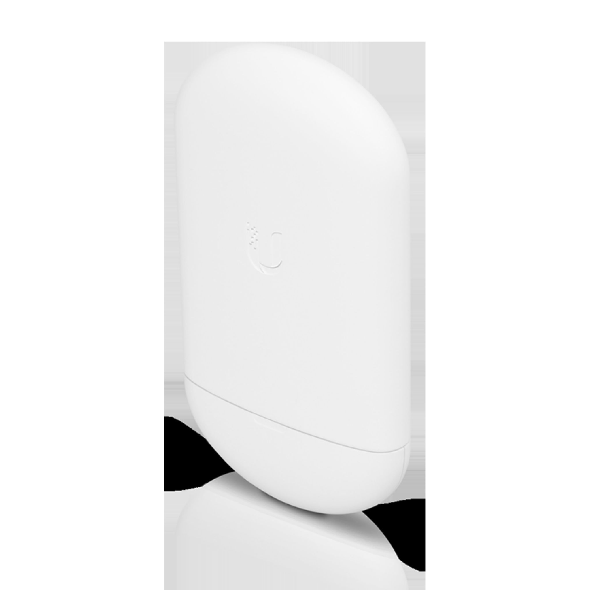 Un dispositivo blanco y redondeado con un logotipo de cara sonriente.